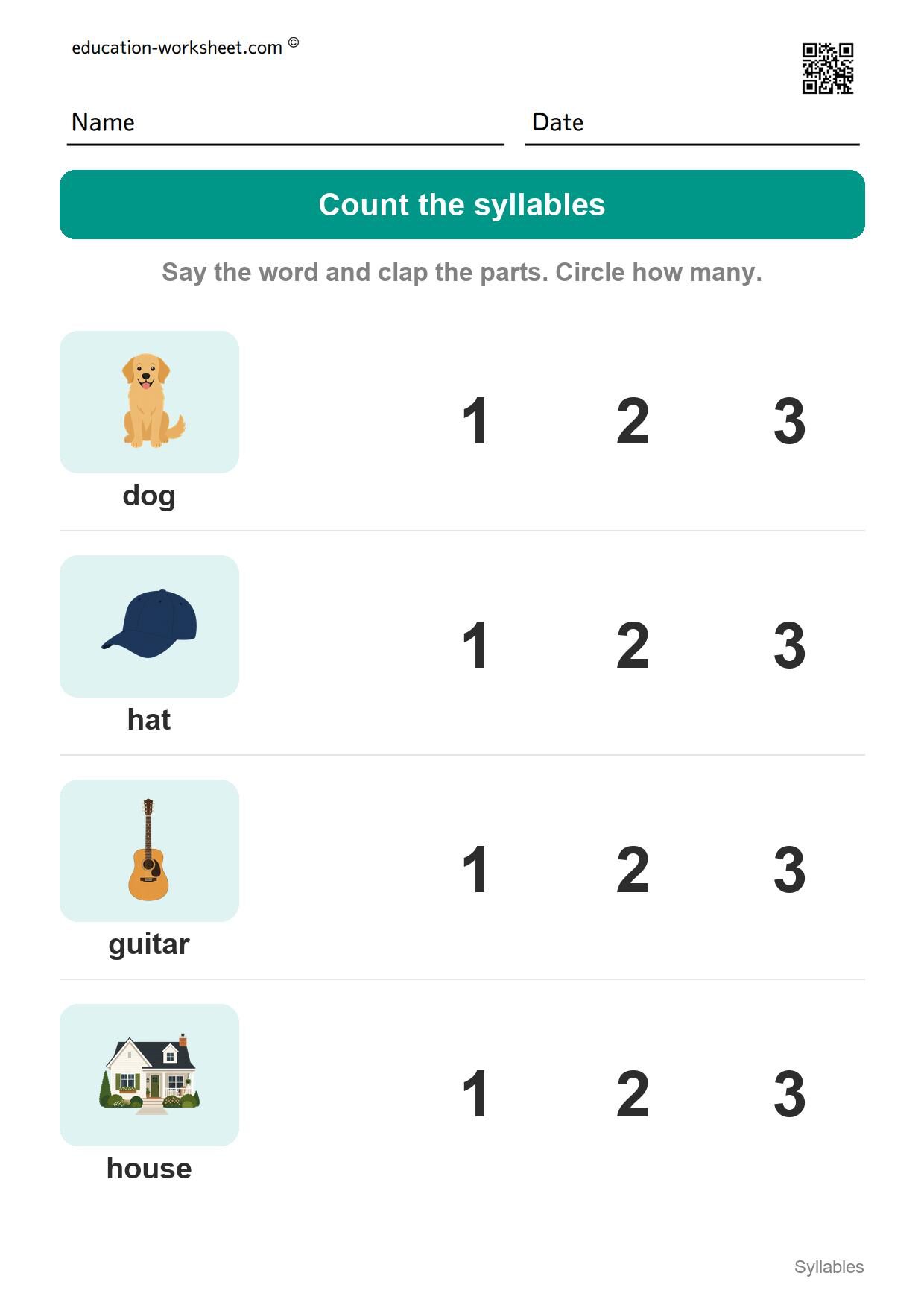 Count the syllables (Set 4) - Free Syllables Worksheets for Kindergarten - Count the Syllables