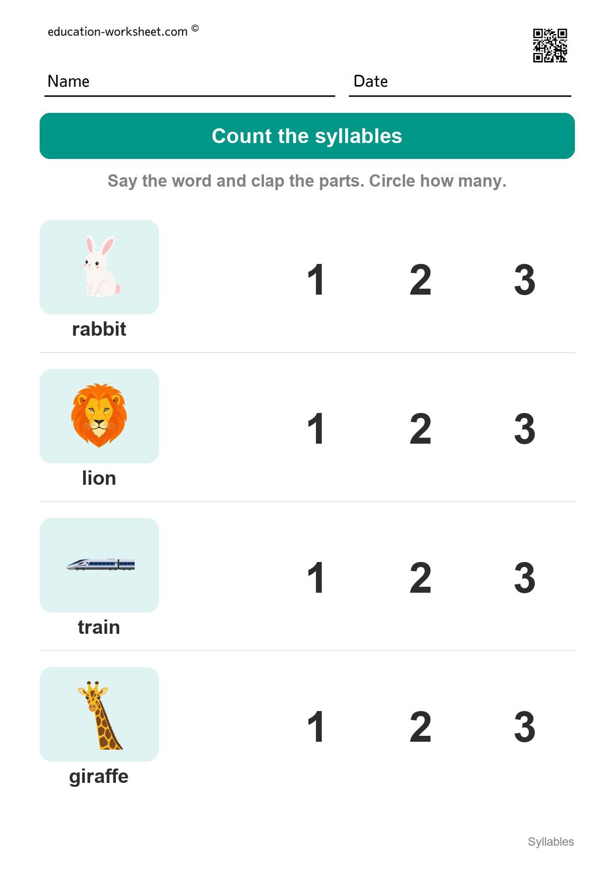 Count the syllables (Set 5) - Free Syllables Worksheets for Kindergarten - Count the Syllables