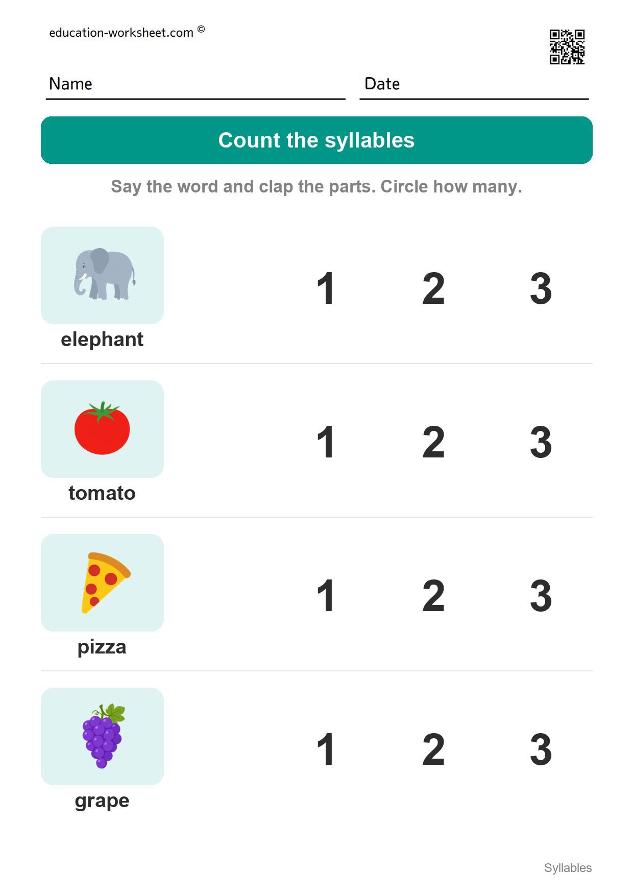 Count the syllables (Set 6) - Free Syllables Worksheets for Kindergarten - Count the Syllables