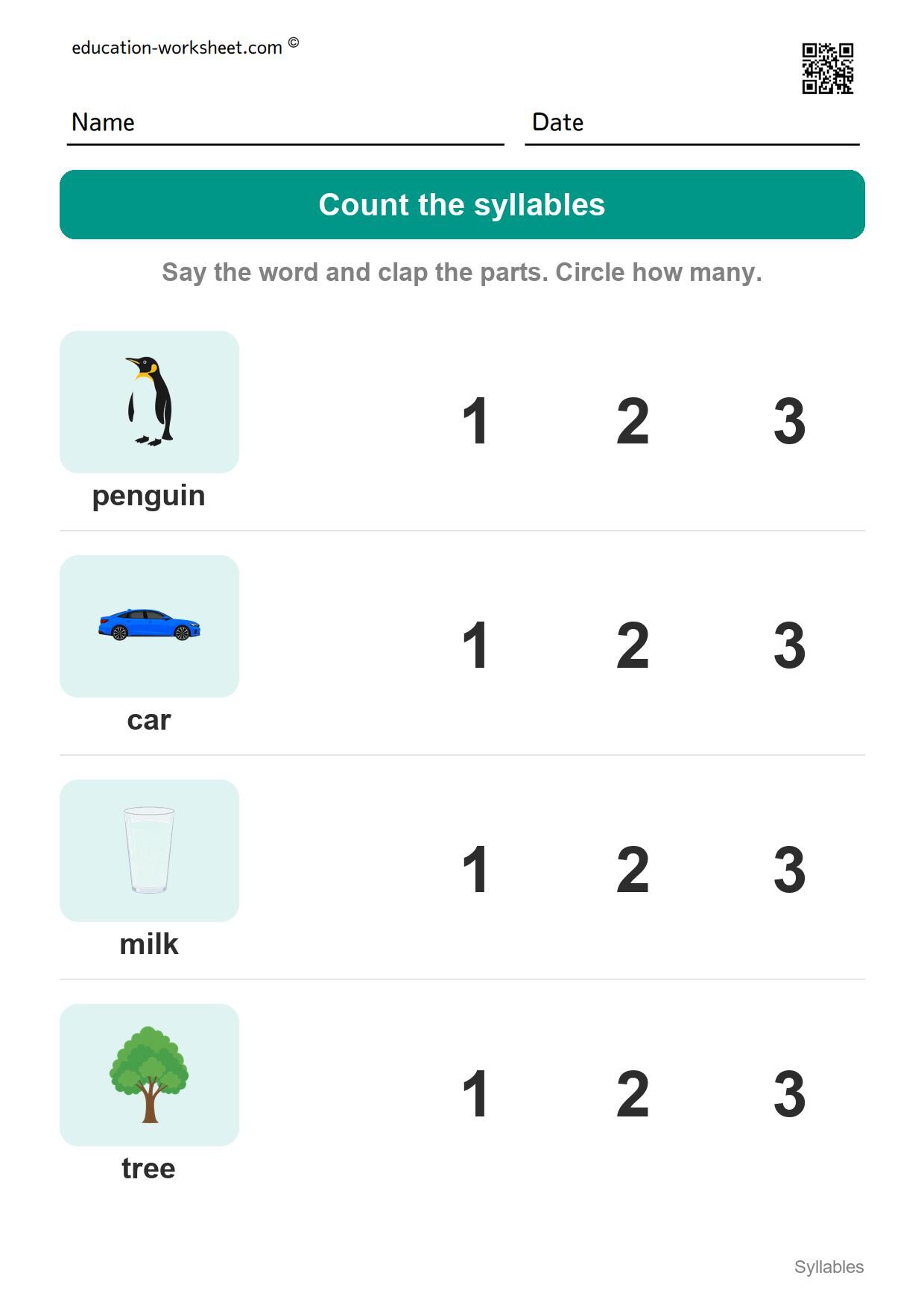 Count the syllables (Set 7) - Free Syllables Worksheets for Kindergarten - Count the Syllables