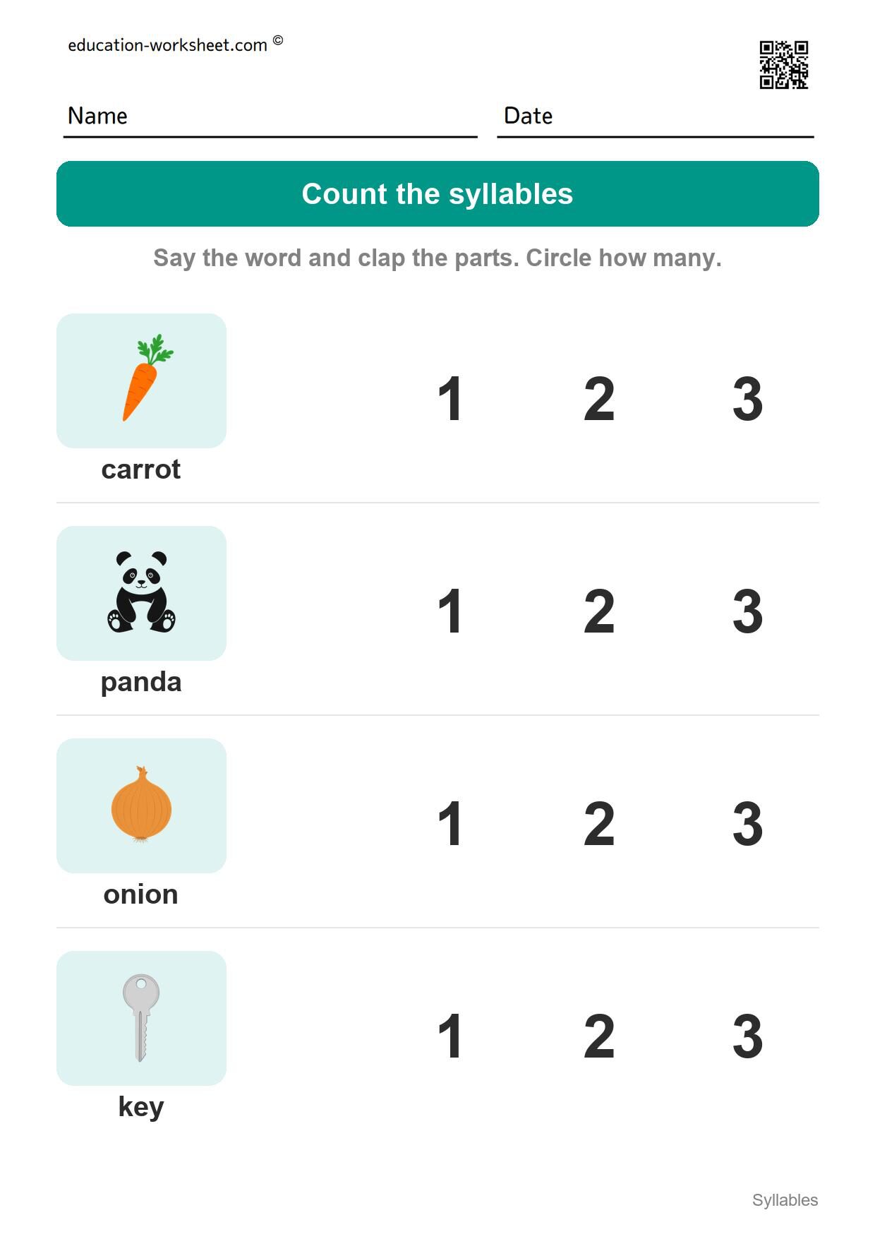 Count the syllables (Set 8) - Free Syllables Worksheets for Kindergarten - Count the Syllables
