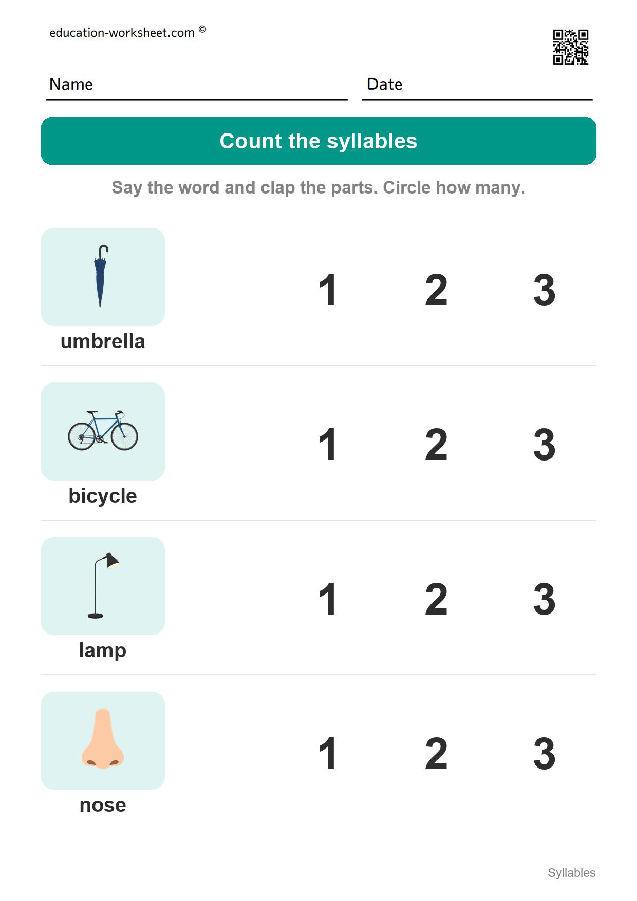 Count the syllables (Set 9) - Free Syllables Worksheets for Kindergarten - Count the Syllables