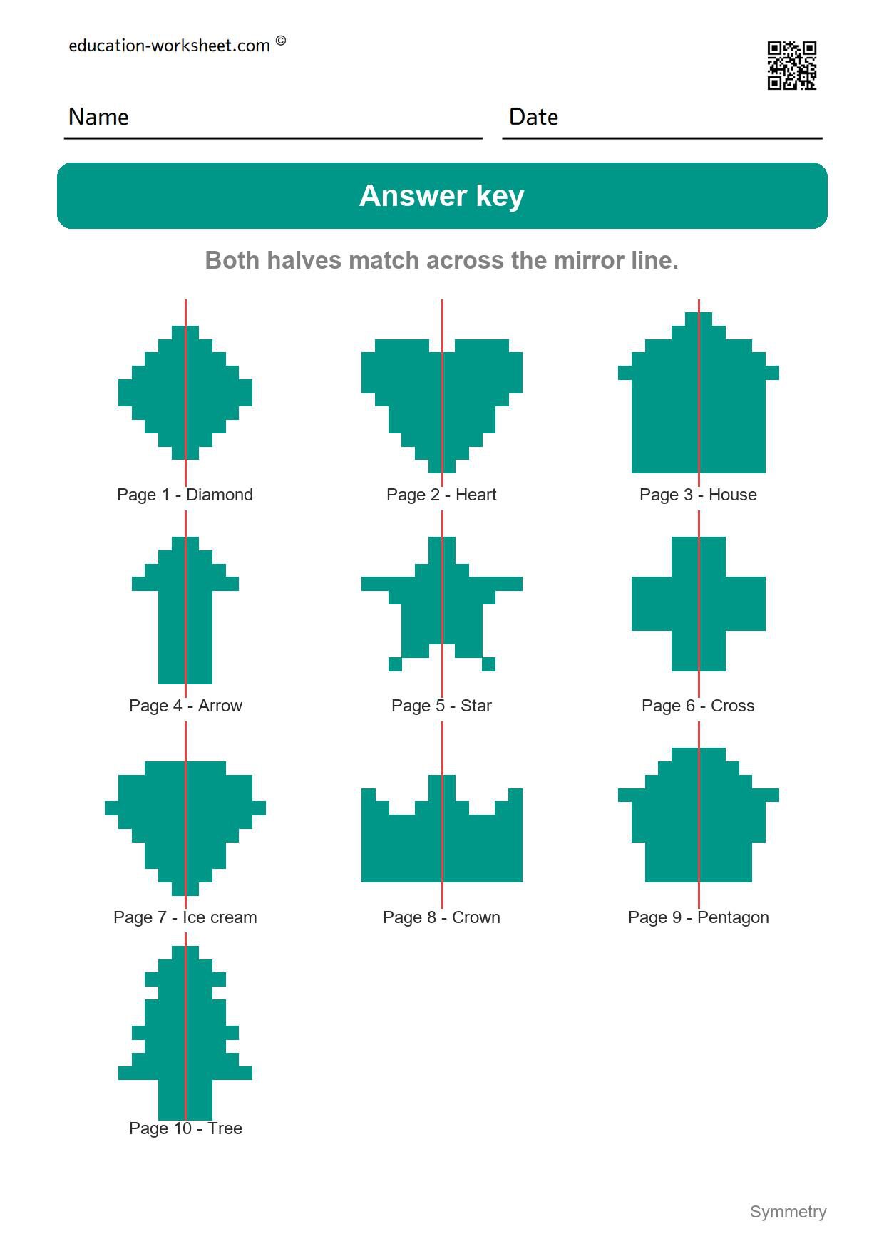 Answer key - all 10 pictures - Free Symmetry Worksheets for Kindergarten - Draw the Other Half