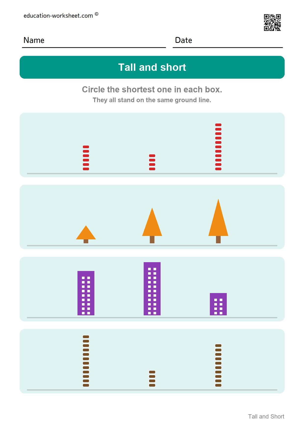 Circle the shortest one (Set 10) - Free Tall and Short Worksheets for Kindergarten - Compare Heights