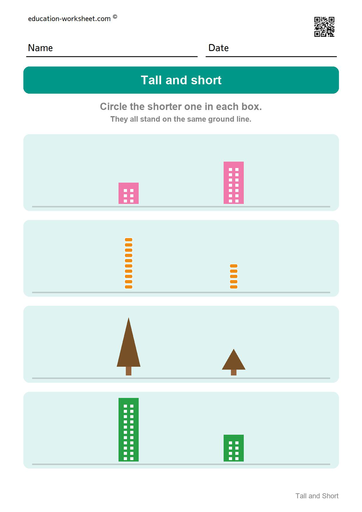 Circle the shorter one (Set 3) - Free Tall and Short Worksheets for Kindergarten - Compare Heights