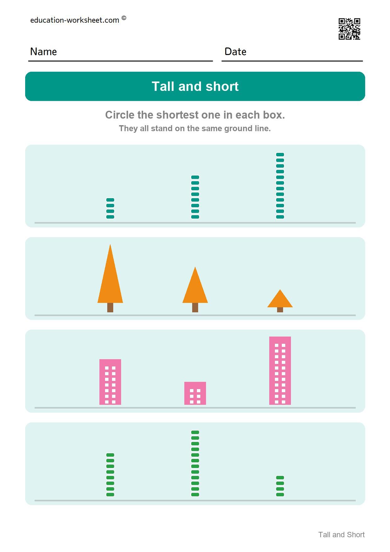 Circle the shortest one (Set 7) - Free Tall and Short Worksheets for Kindergarten - Compare Heights