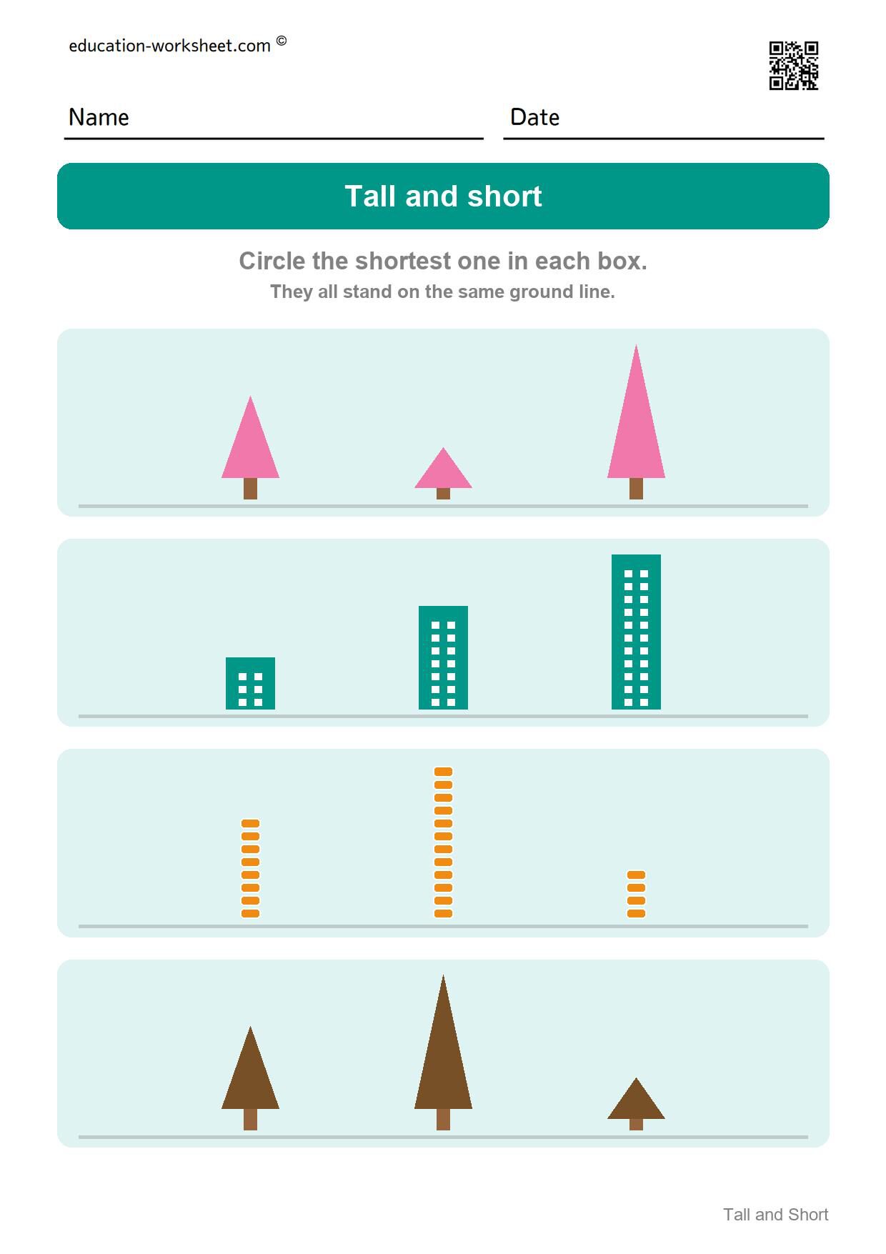 Circle the shortest one (Set 8) - Free Tall and Short Worksheets for Kindergarten - Compare Heights