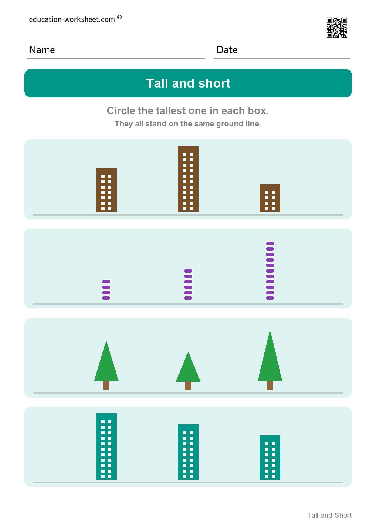 Circle the tallest one (Set 9) - Free Tall and Short Worksheets for Kindergarten - Compare Heights