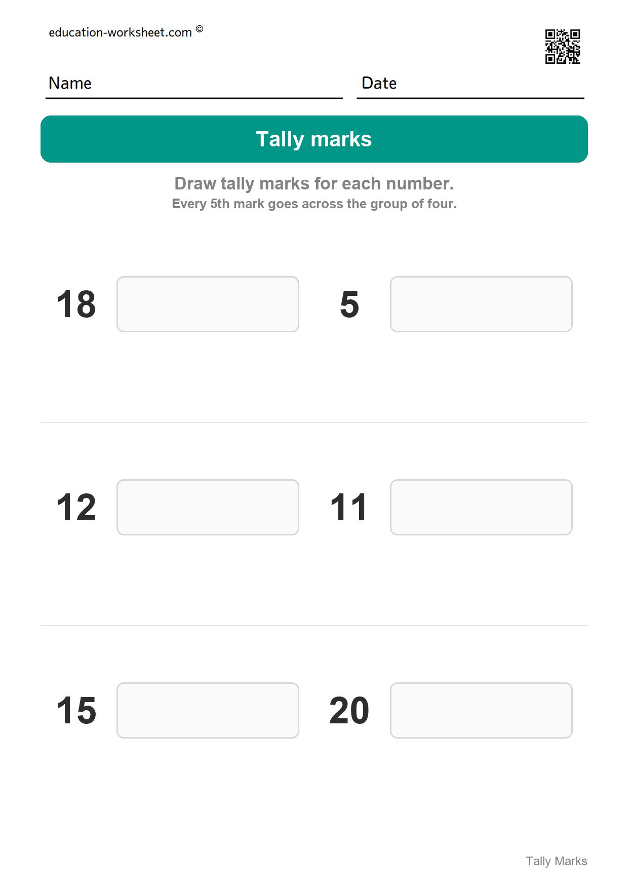 Draw the tally marks (Set 10) - Free Tally Marks Worksheets for Kindergarten - Count and Draw Tallies