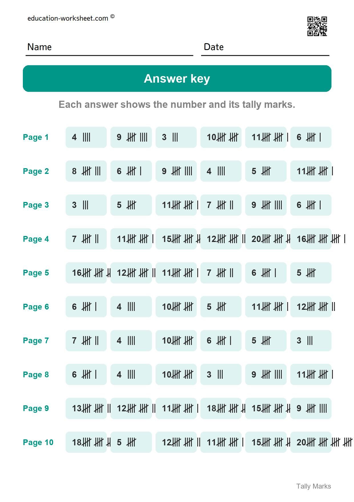 Answer key - all 10 pages - Free Tally Marks Worksheets for Kindergarten - Count and Draw Tallies