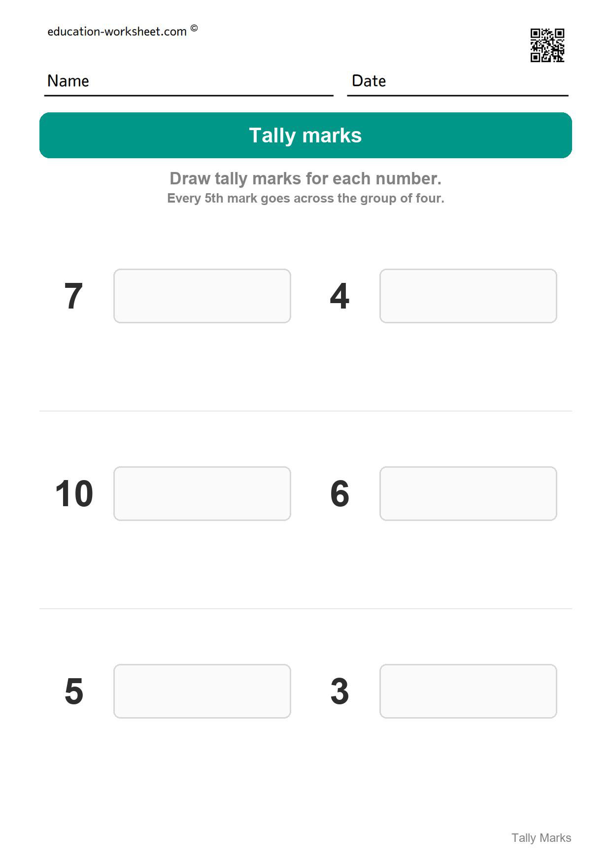 Draw the tally marks (Set 7) - Free Tally Marks Worksheets for Kindergarten - Count and Draw Tallies