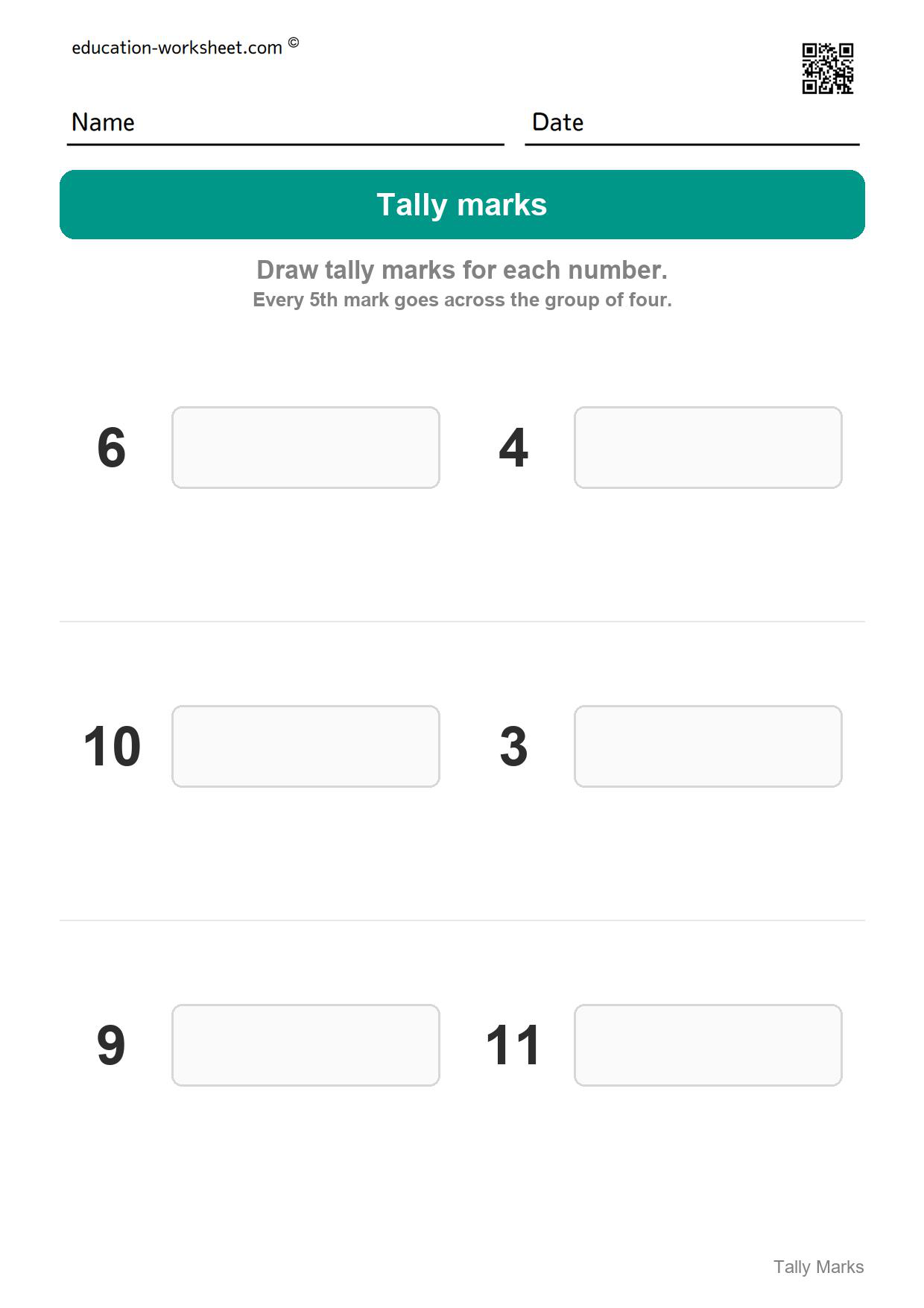 Draw the tally marks (Set 8) - Free Tally Marks Worksheets for Kindergarten - Count and Draw Tallies