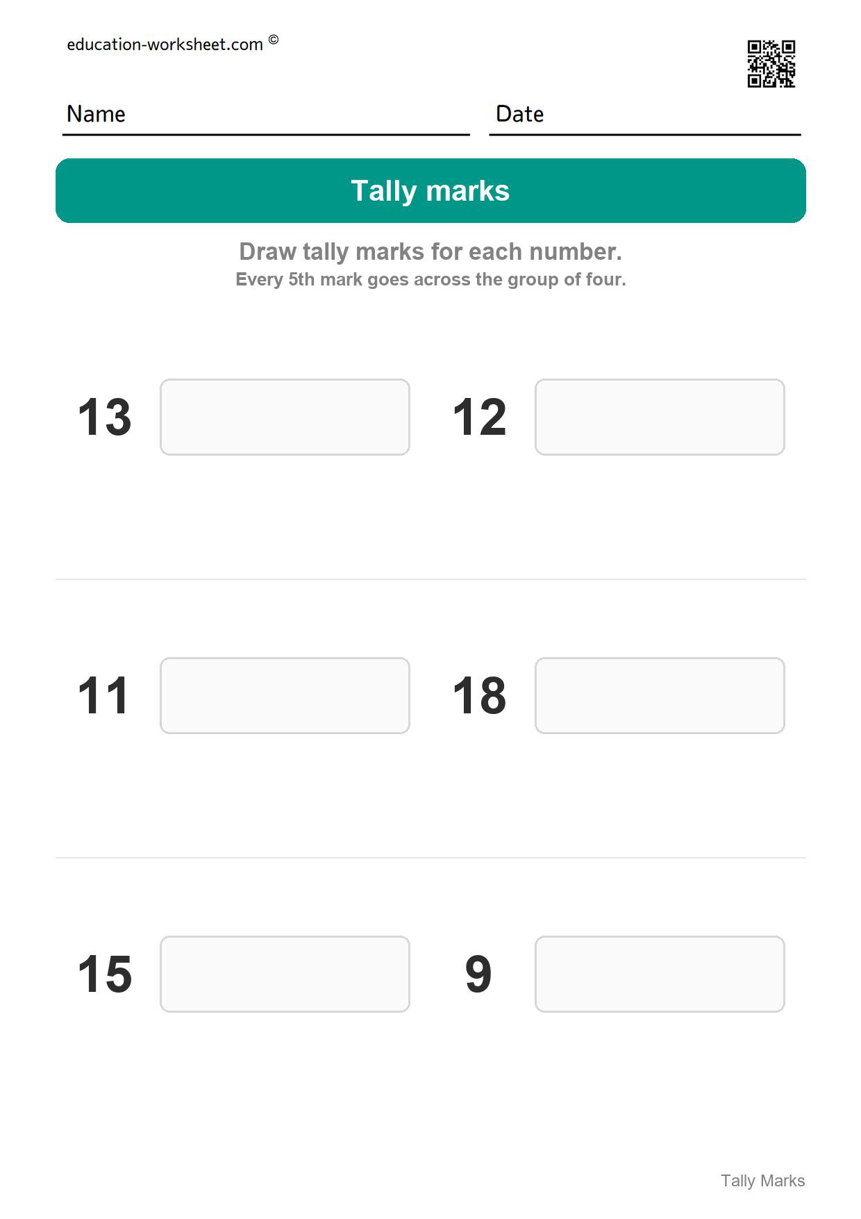 Draw the tally marks (Set 9) - Free Tally Marks Worksheets for Kindergarten - Count and Draw Tallies
