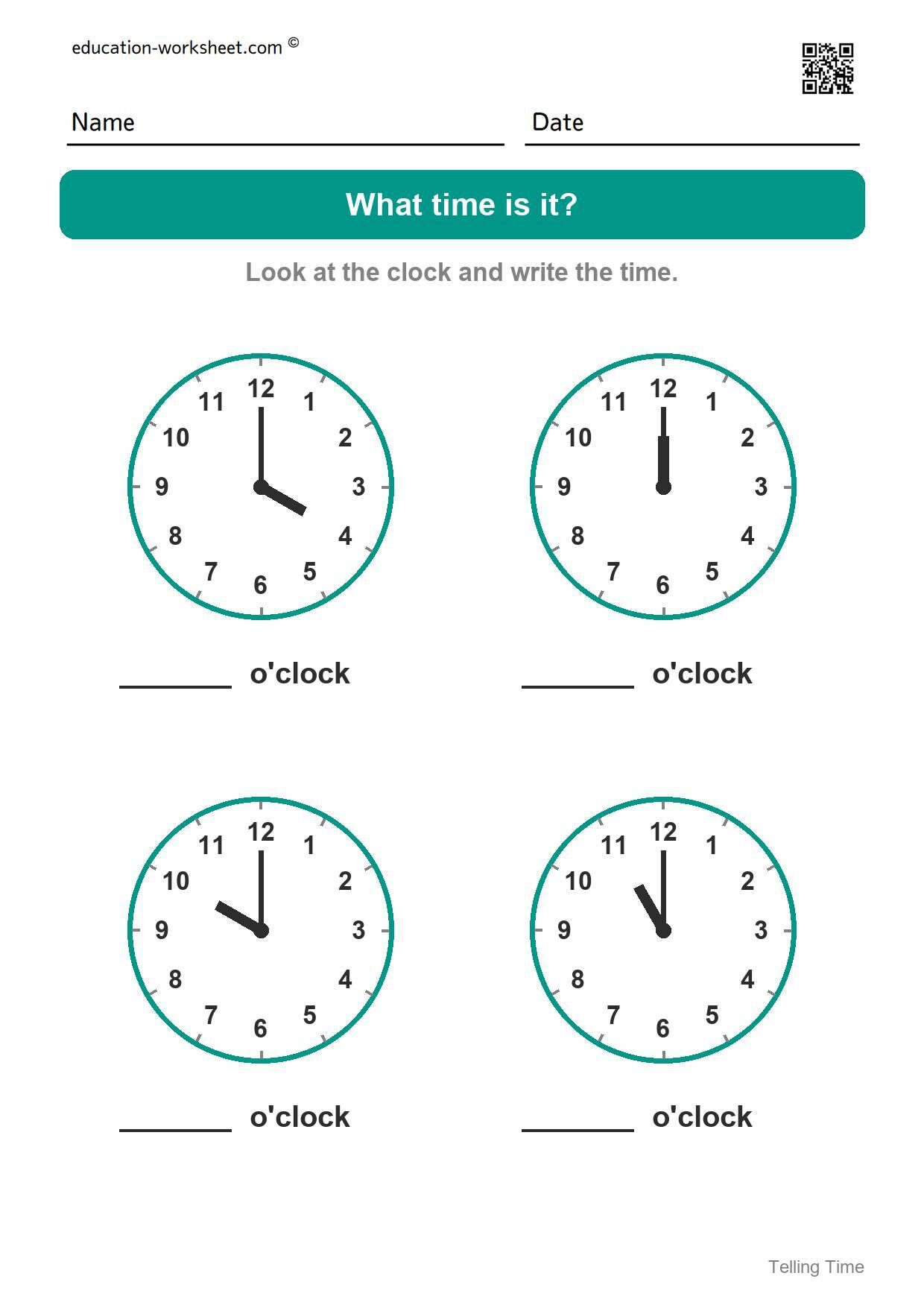 What time is it? (Set 4) - Free Telling Time Worksheets for Kindergarten - O'clock