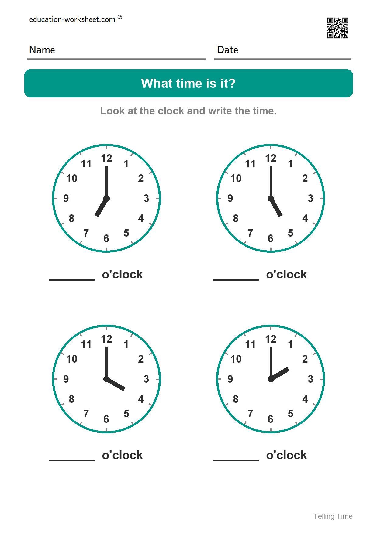 What time is it? (Set 7) - Free Telling Time Worksheets for Kindergarten - O'clock