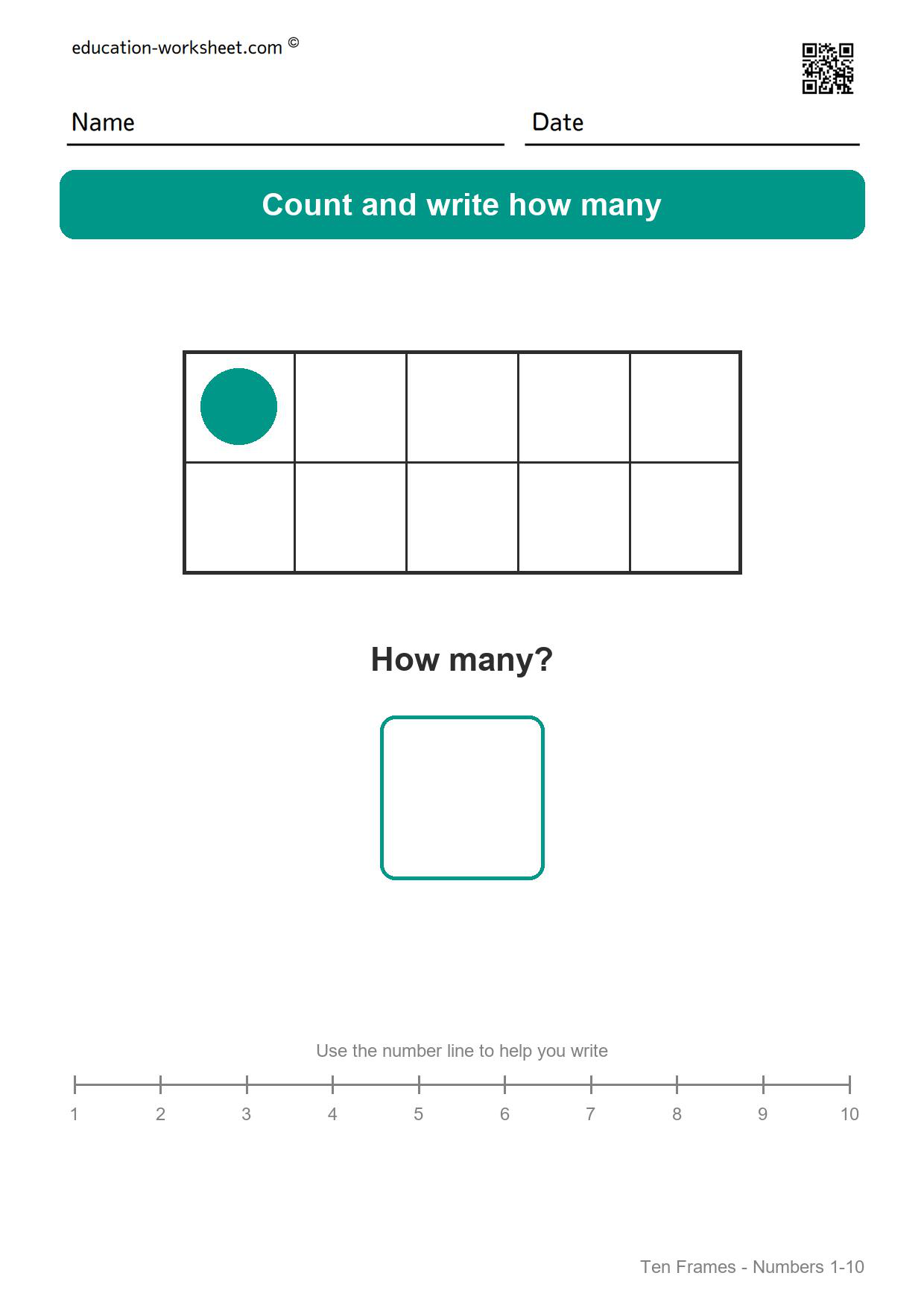 Ten frame 1 - Free Ten Frame Worksheets for Kindergarten - Count to 10