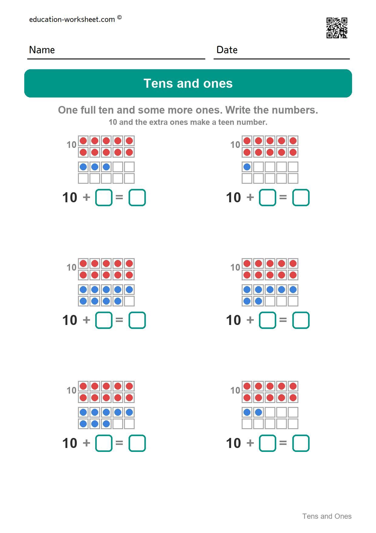 Tens and ones - teen numbers (Set 10) - Free Tens and Ones Worksheets for Kindergarten - Teen Numbers with Ten Frames
