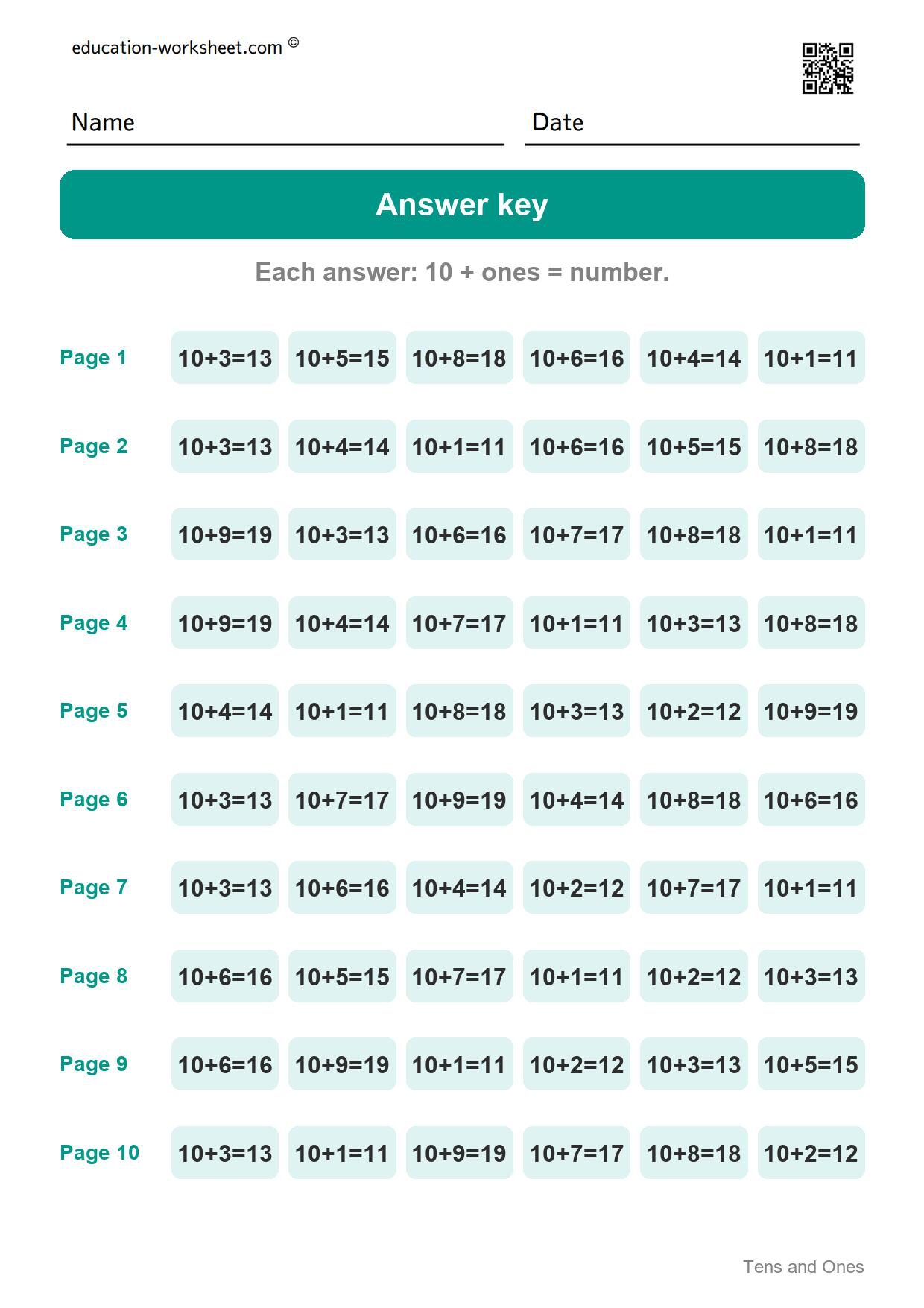 Answer key - all 10 pages - Free Tens and Ones Worksheets for Kindergarten - Teen Numbers with Ten Frames