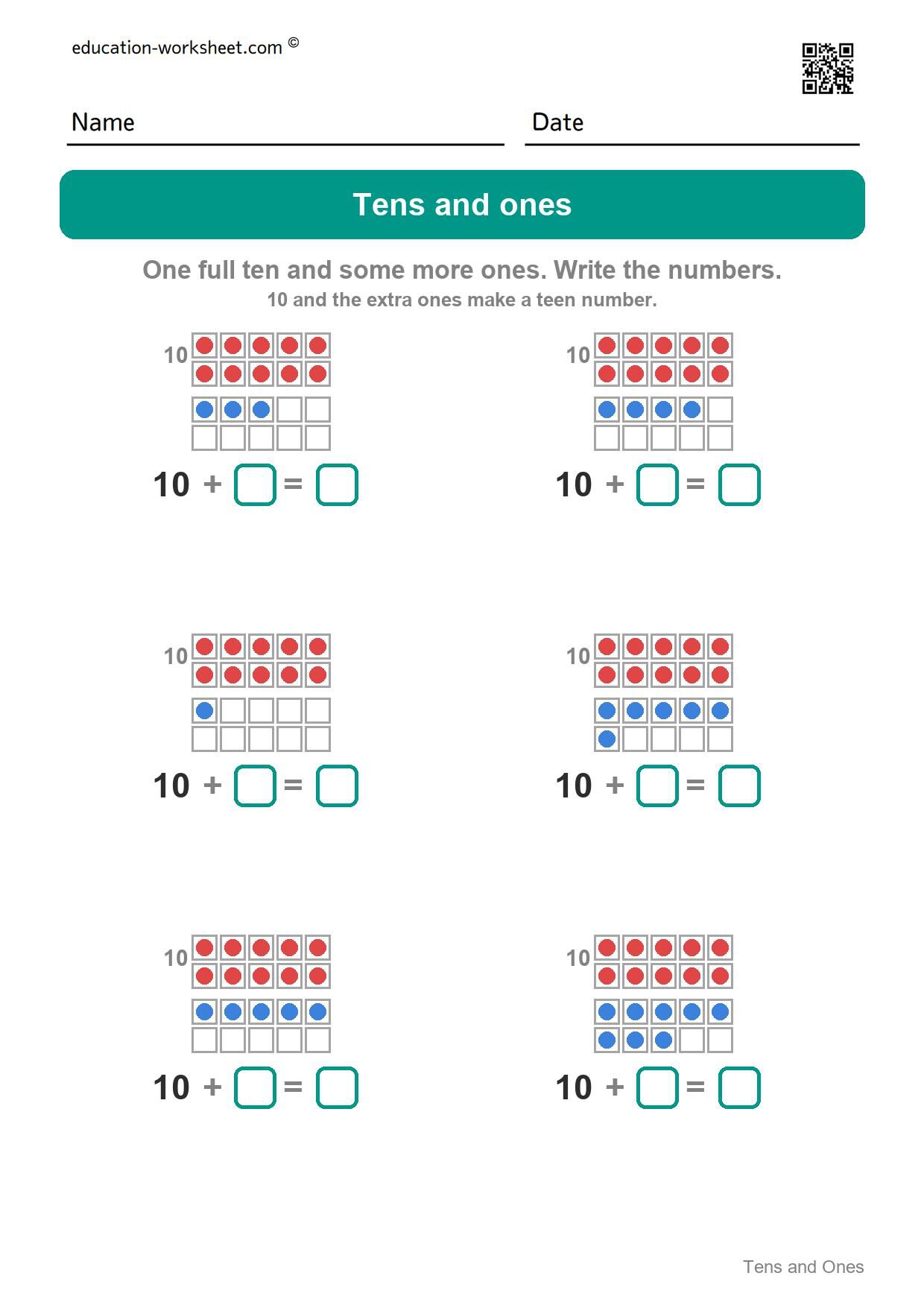 Tens and ones - teen numbers (Set 2) - Free Tens and Ones Worksheets for Kindergarten - Teen Numbers with Ten Frames