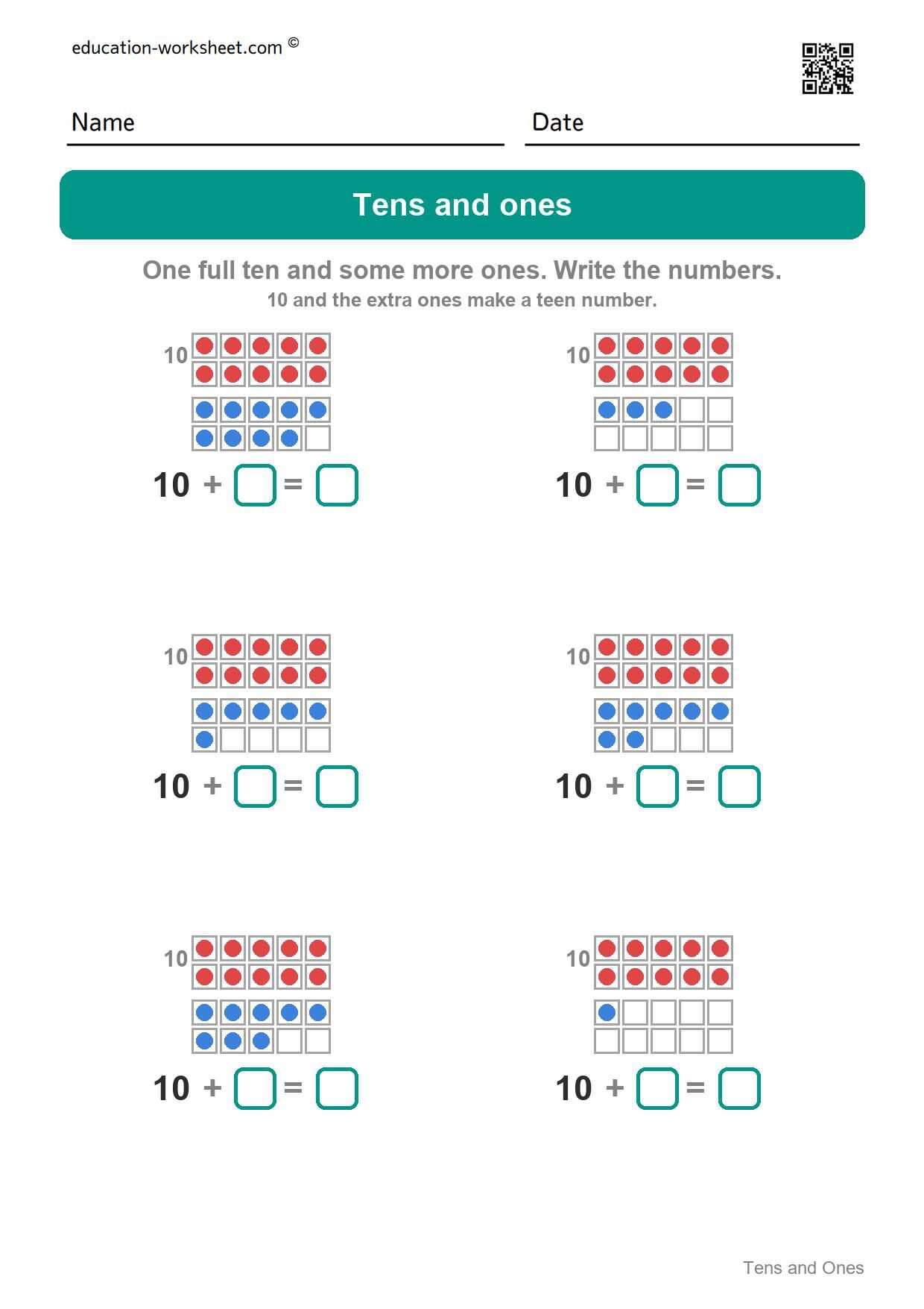 Tens and ones - teen numbers (Set 3) - Free Tens and Ones Worksheets for Kindergarten - Teen Numbers with Ten Frames