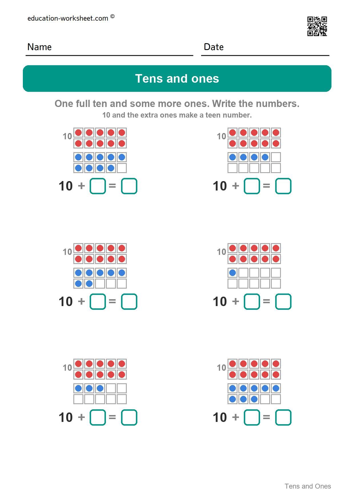 Tens and ones - teen numbers (Set 4) - Free Tens and Ones Worksheets for Kindergarten - Teen Numbers with Ten Frames