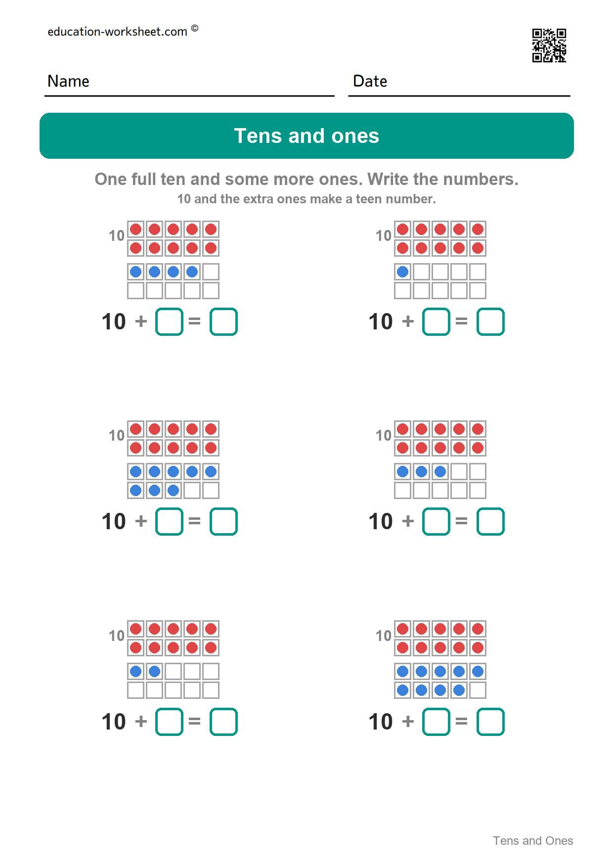 Tens and ones - teen numbers (Set 5) - Free Tens and Ones Worksheets for Kindergarten - Teen Numbers with Ten Frames