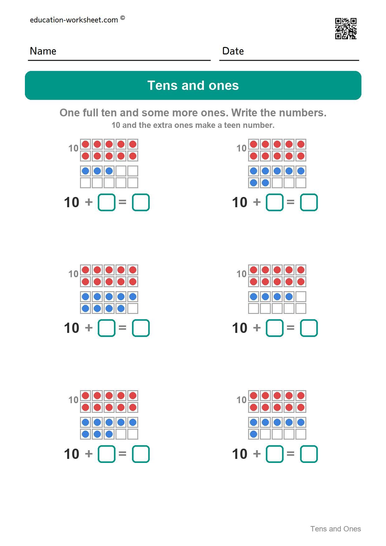 Tens and ones - teen numbers (Set 6) - Free Tens and Ones Worksheets for Kindergarten - Teen Numbers with Ten Frames