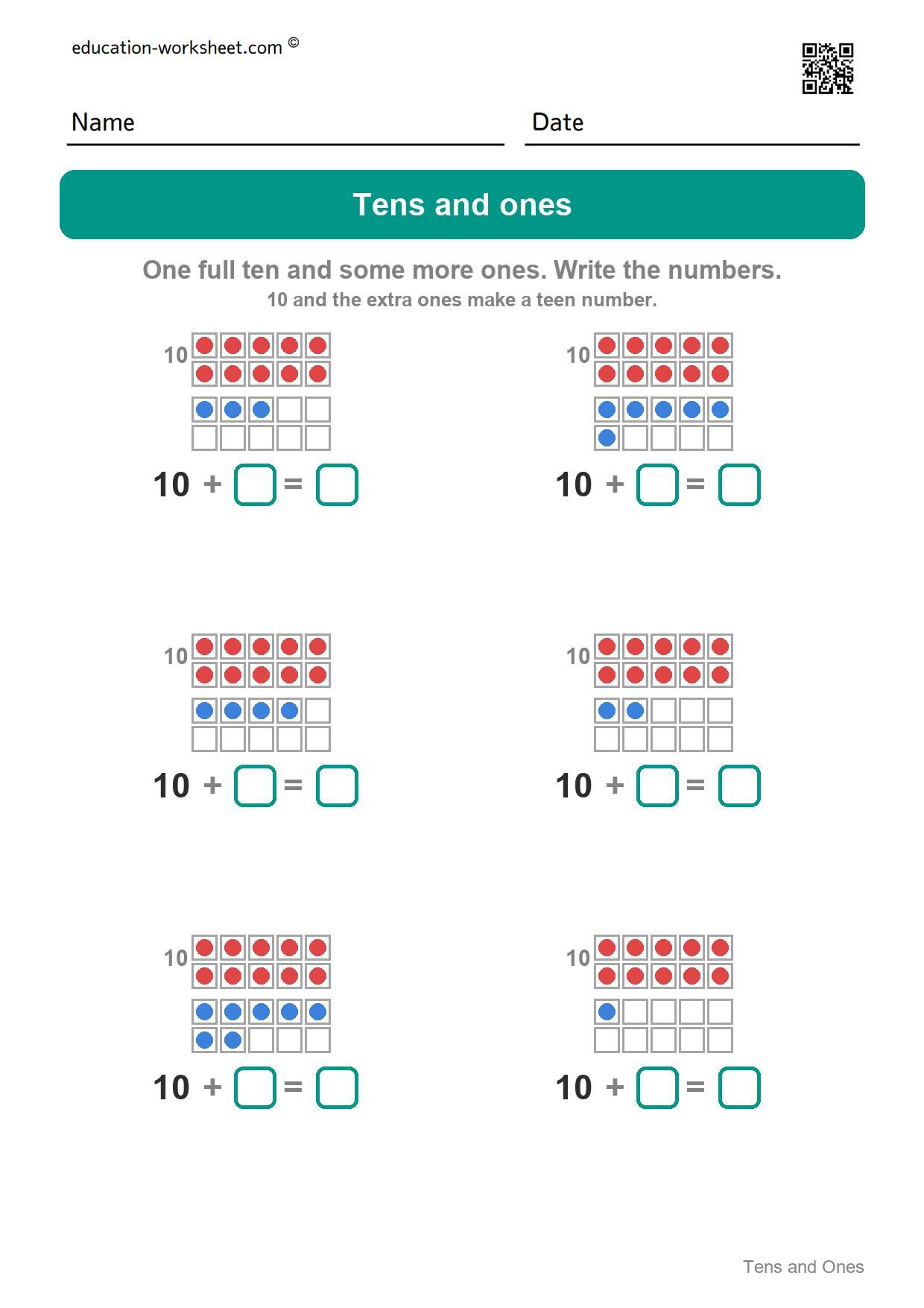 Tens and ones - teen numbers (Set 7) - Free Tens and Ones Worksheets for Kindergarten - Teen Numbers with Ten Frames