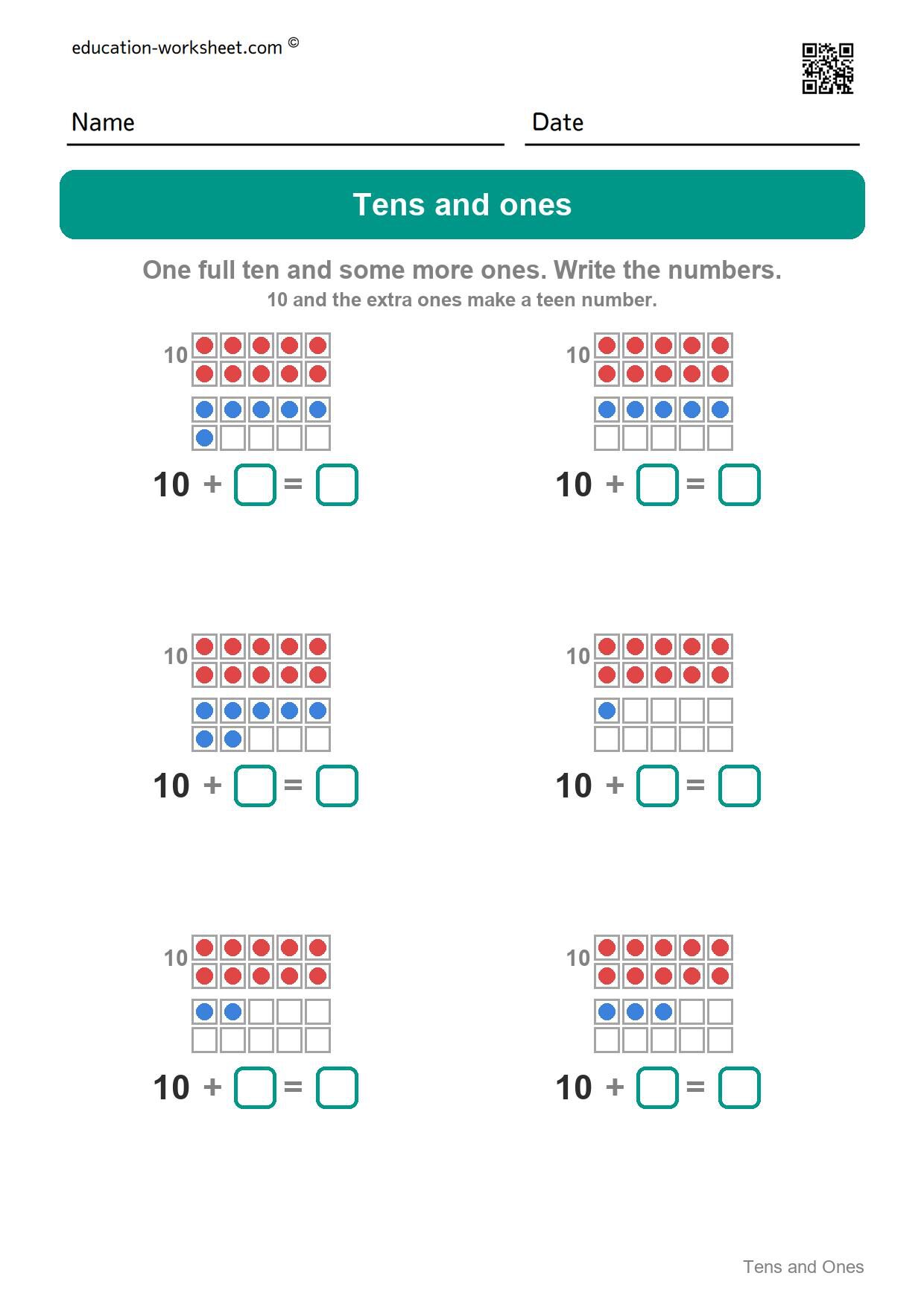 Tens and ones - teen numbers (Set 8) - Free Tens and Ones Worksheets for Kindergarten - Teen Numbers with Ten Frames