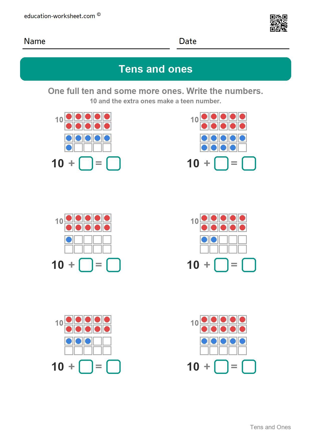 Tens and ones - teen numbers (Set 9) - Free Tens and Ones Worksheets for Kindergarten - Teen Numbers with Ten Frames