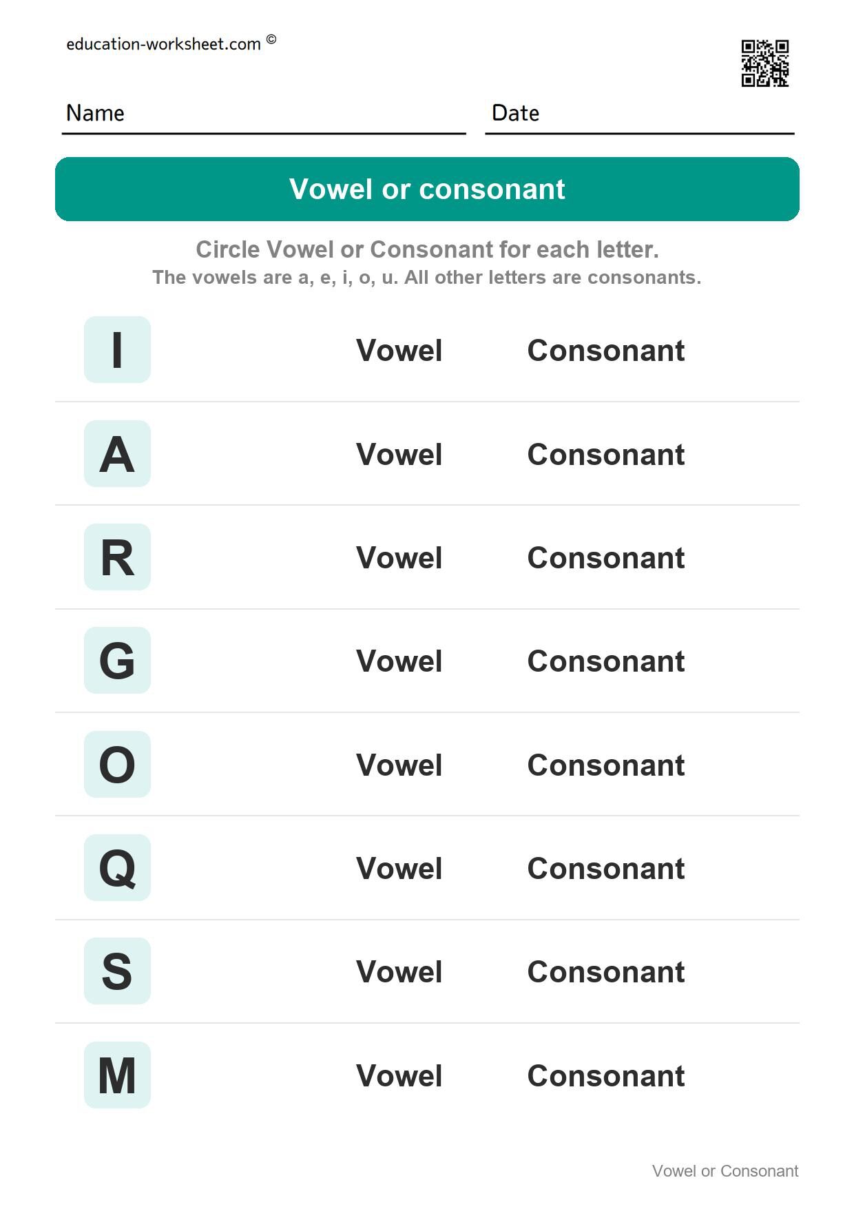 Vowel or consonant - capital letters (Set 2) - Free Vowels and Consonants Worksheets for Kindergarten - Sort the Letters