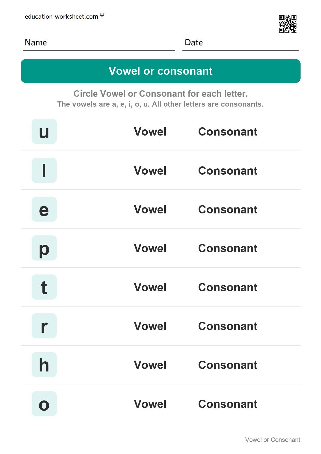 Vowel or consonant - small letters (Set 6) - Free Vowels and Consonants Worksheets for Kindergarten - Sort the Letters