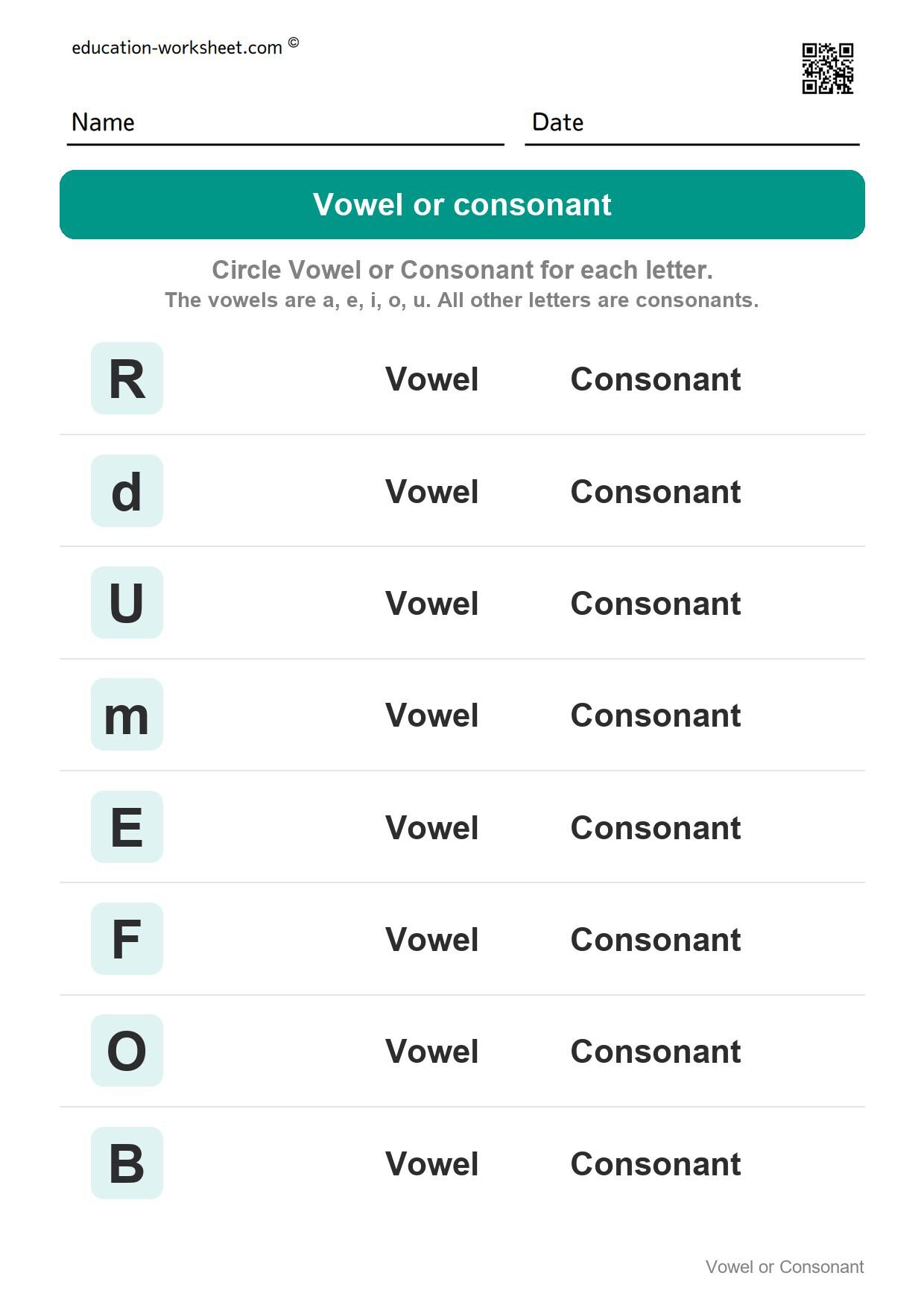 Vowel or consonant - mixed letters (Set 9) - Free Vowels and Consonants Worksheets for Kindergarten - Sort the Letters