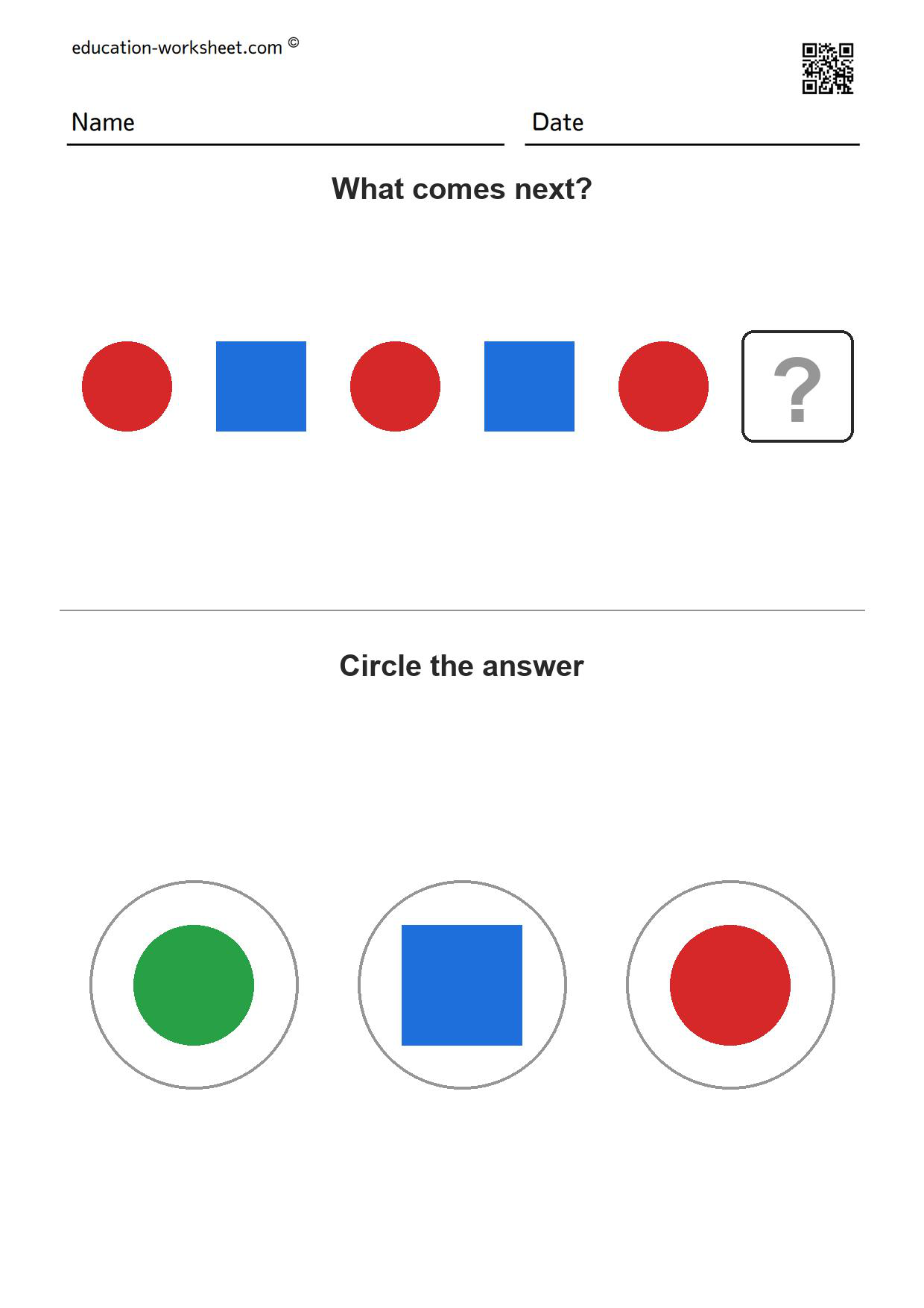 Free Pattern Worksheets for Kindergarten - What Comes Next 1/10