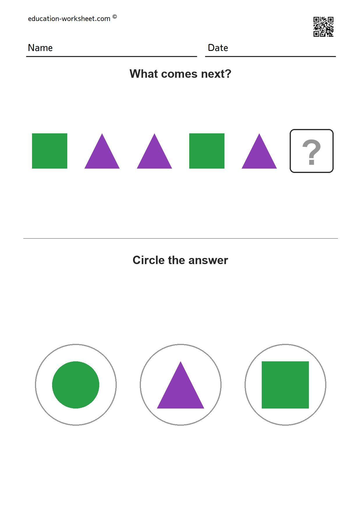 Free Pattern Worksheets for Kindergarten - What Comes Next