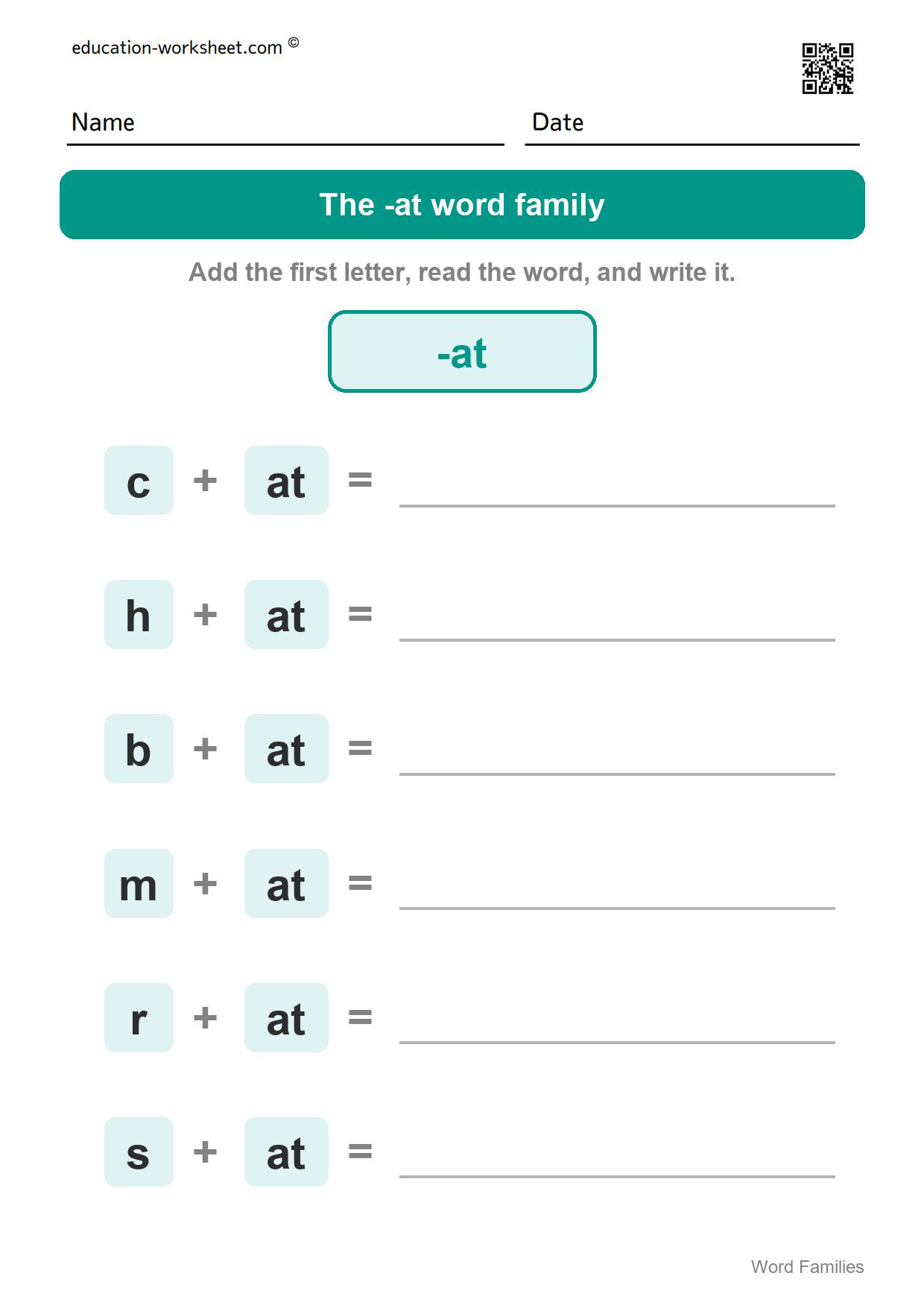 The -at word family - Free Word Family Worksheets for Kindergarten - CVC Words and Phonics