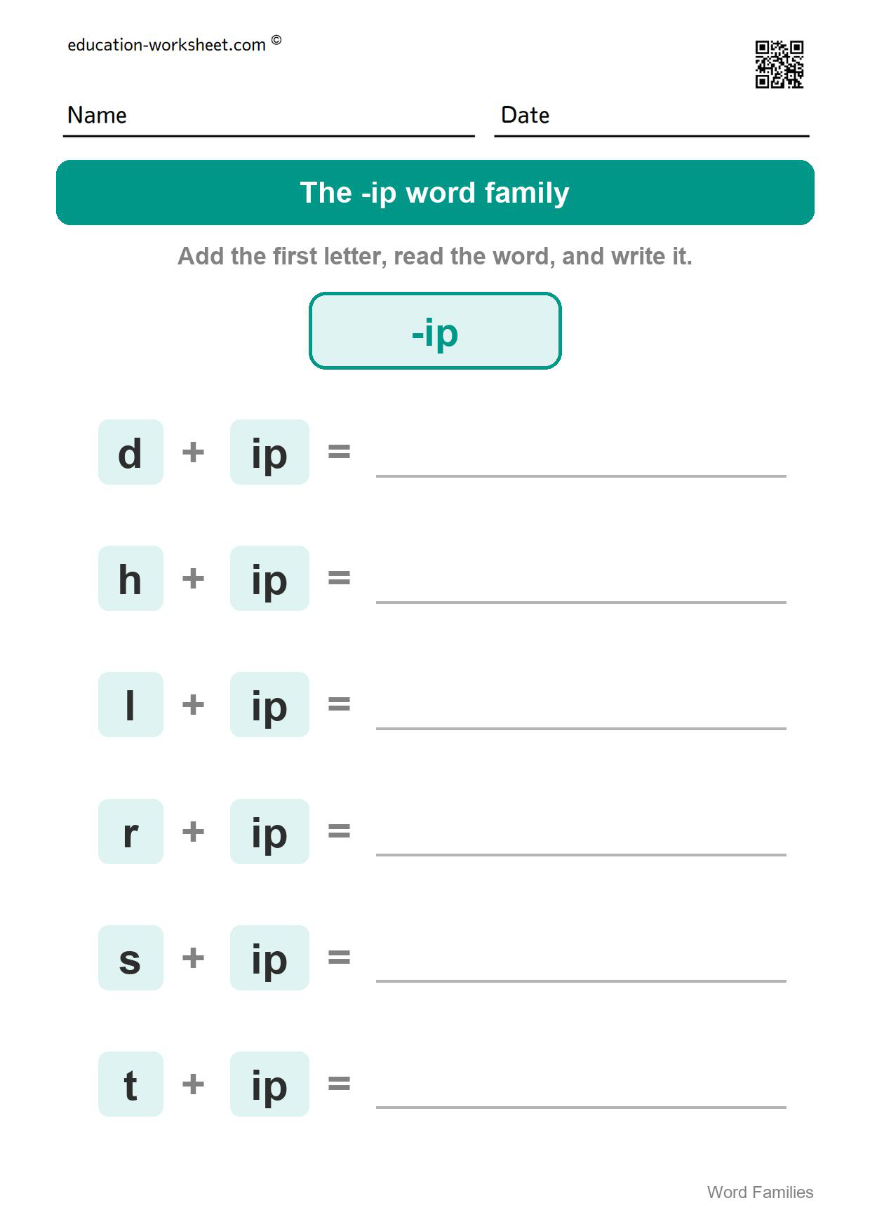 The -ip word family - Free Word Family Worksheets for Kindergarten - CVC Words and Phonics