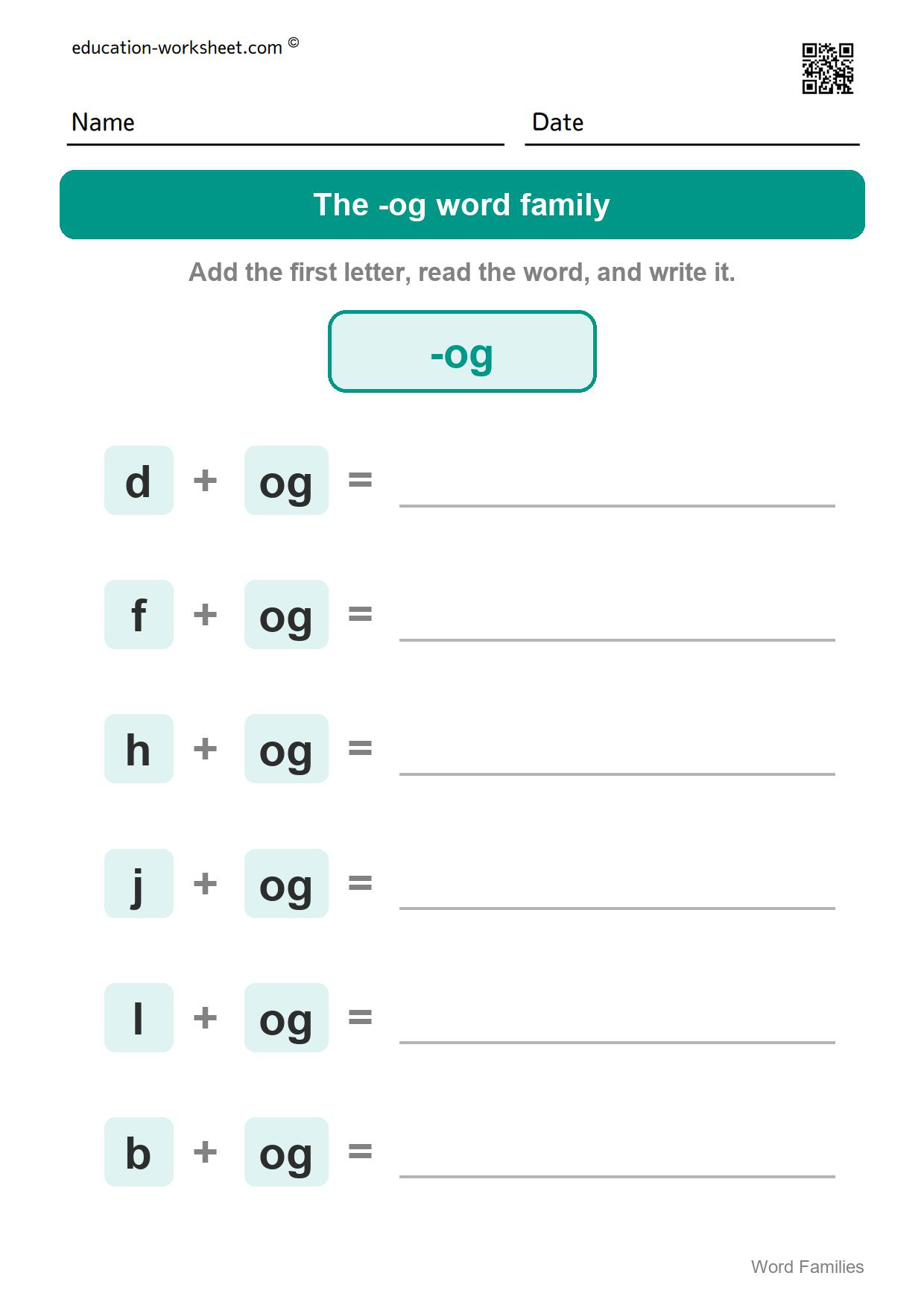 The -og word family - Free Word Family Worksheets for Kindergarten - CVC Words and Phonics