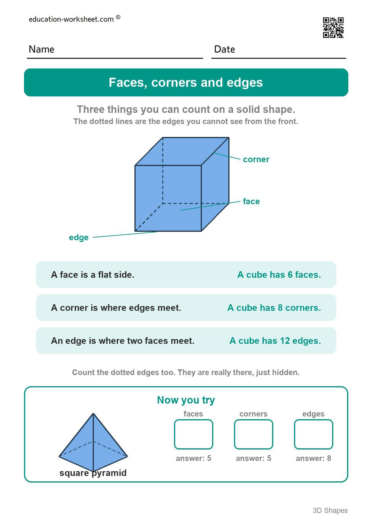 What faces, corners and edges are - Free 3D Shapes Worksheets for Kindergarten - Faces and Edges