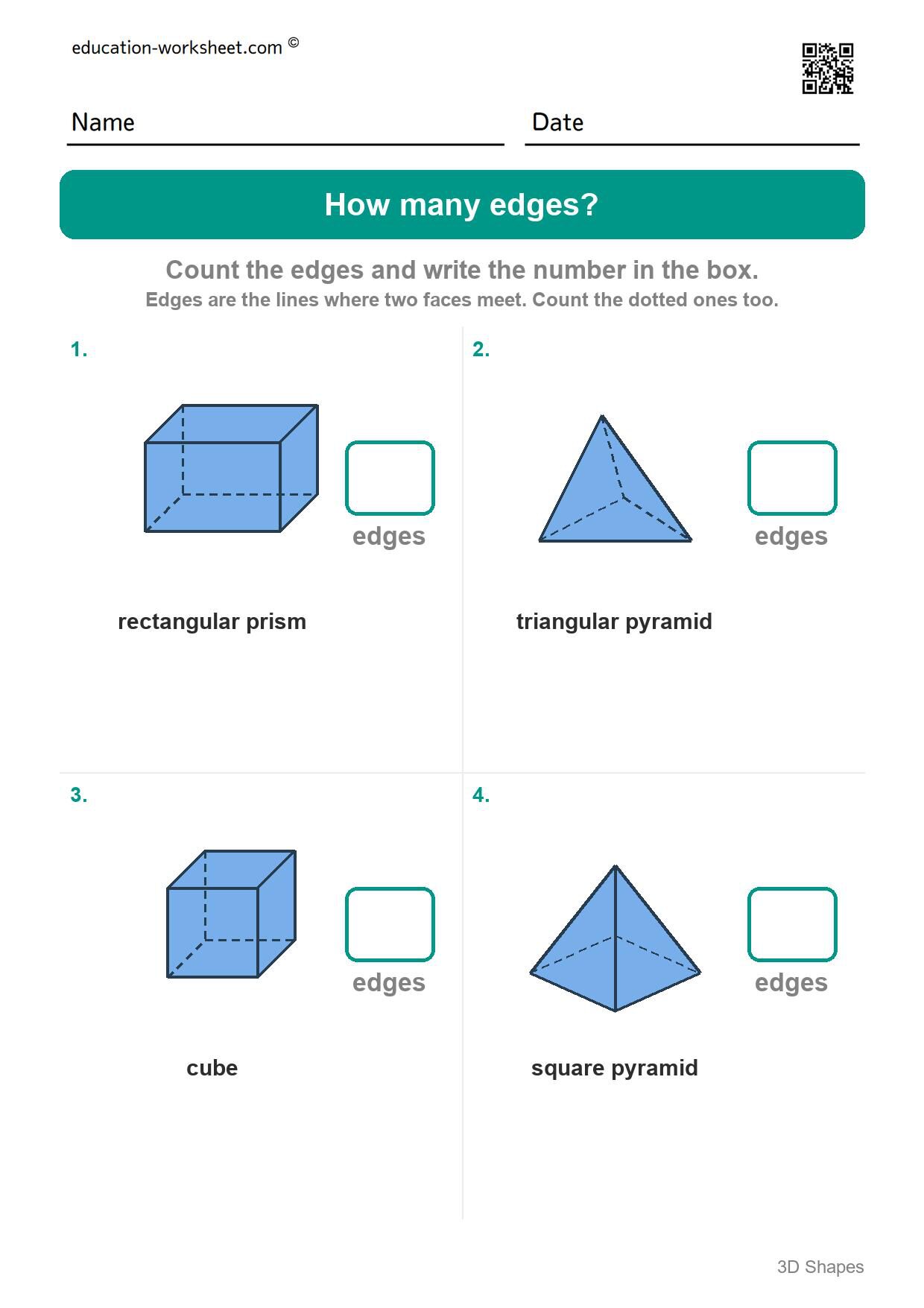 How many edges (Set 9) - Free 3D Shapes Worksheets for Kindergarten - Faces and Edges