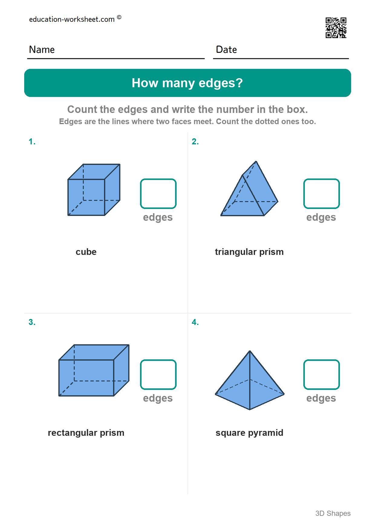 How many edges (Set 10) - Free 3D Shapes Worksheets for Kindergarten - Faces and Edges