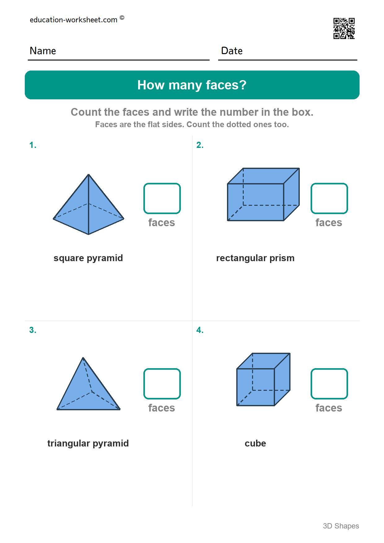 How many faces (Set 1) - Free 3D Shapes Worksheets for Kindergarten - Faces and Edges