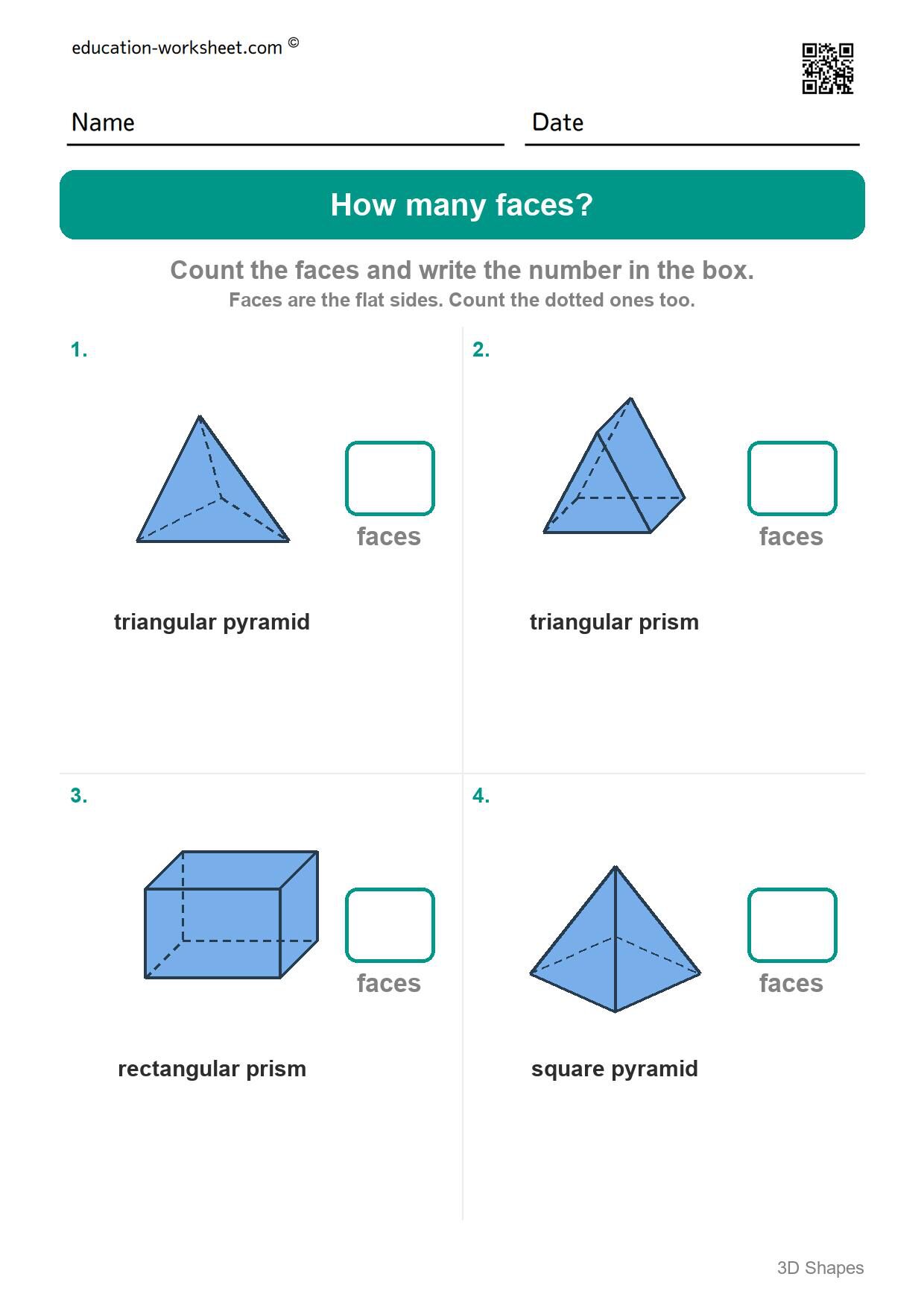 How many faces (Set 2) - Free 3D Shapes Worksheets for Kindergarten - Faces and Edges
