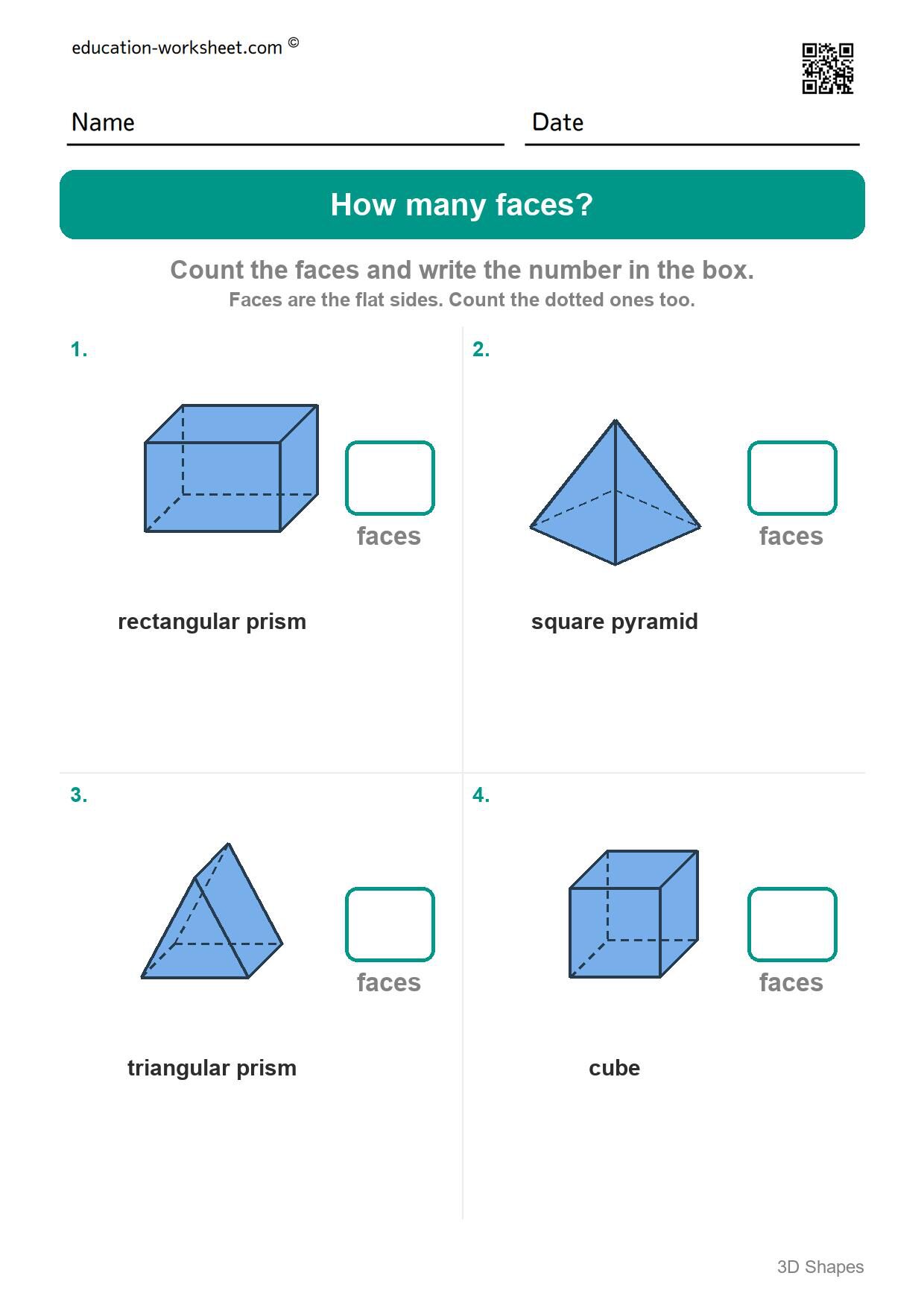 How many faces (Set 3) - Free 3D Shapes Worksheets for Kindergarten - Faces and Edges