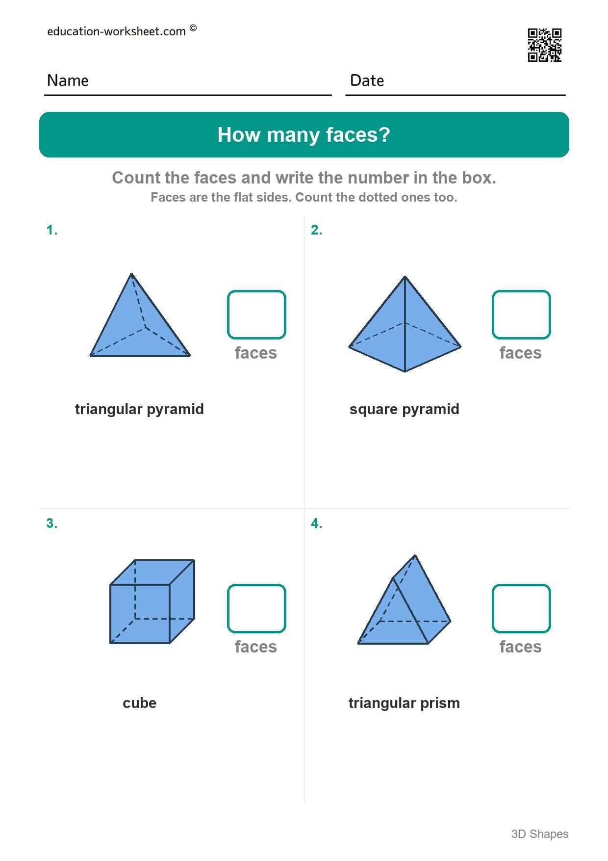 How many faces (Set 4) - Free 3D Shapes Worksheets for Kindergarten - Faces and Edges