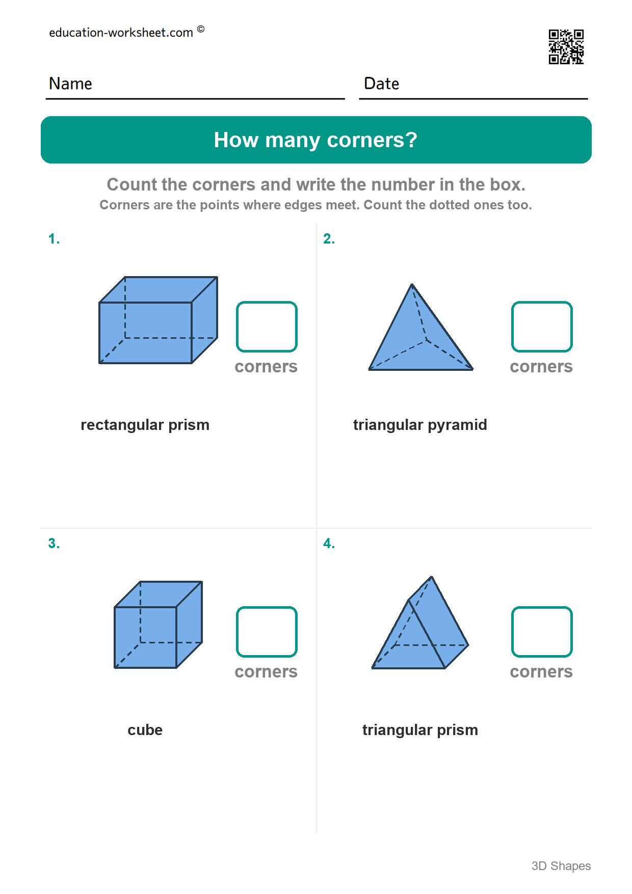How many corners (Set 5) - Free 3D Shapes Worksheets for Kindergarten - Faces and Edges