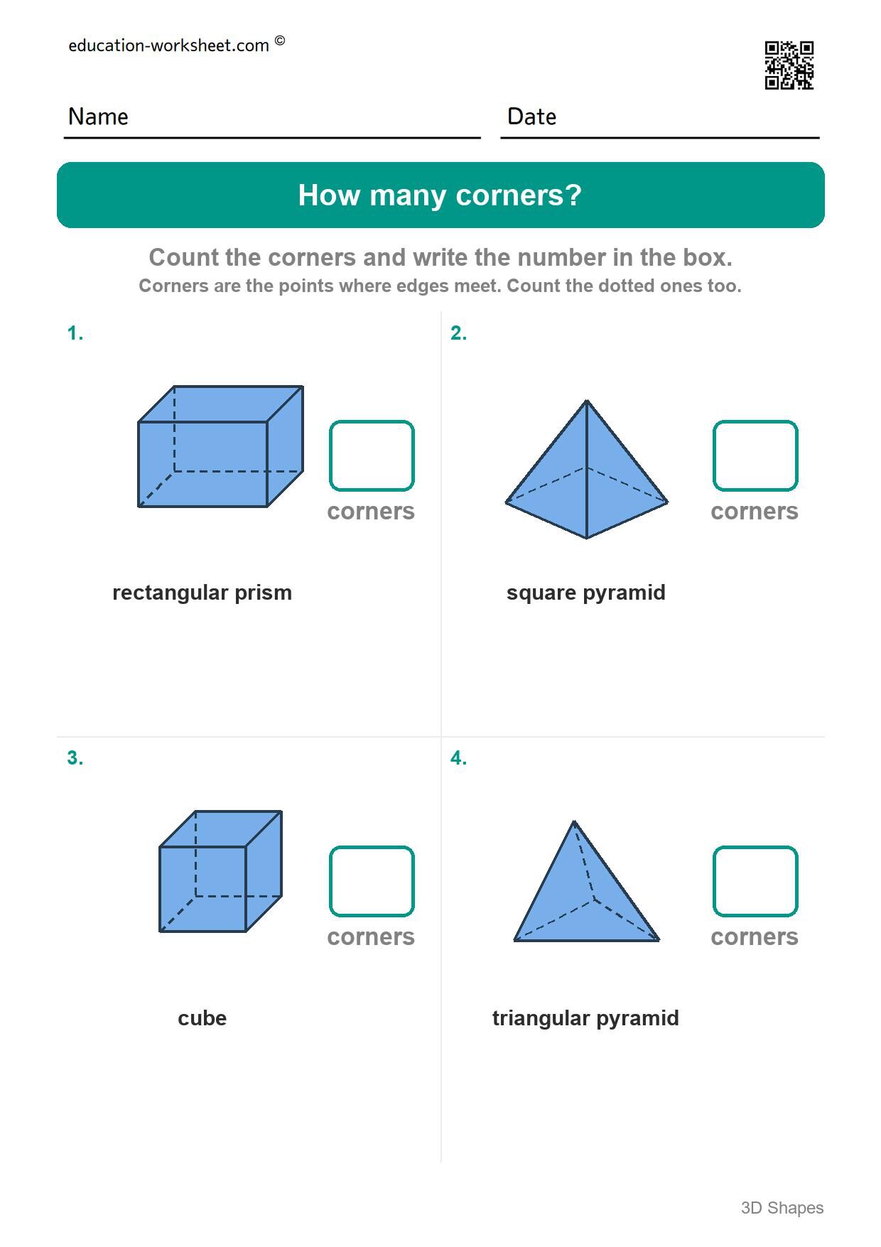 How many corners (Set 6) - Free 3D Shapes Worksheets for Kindergarten - Faces and Edges