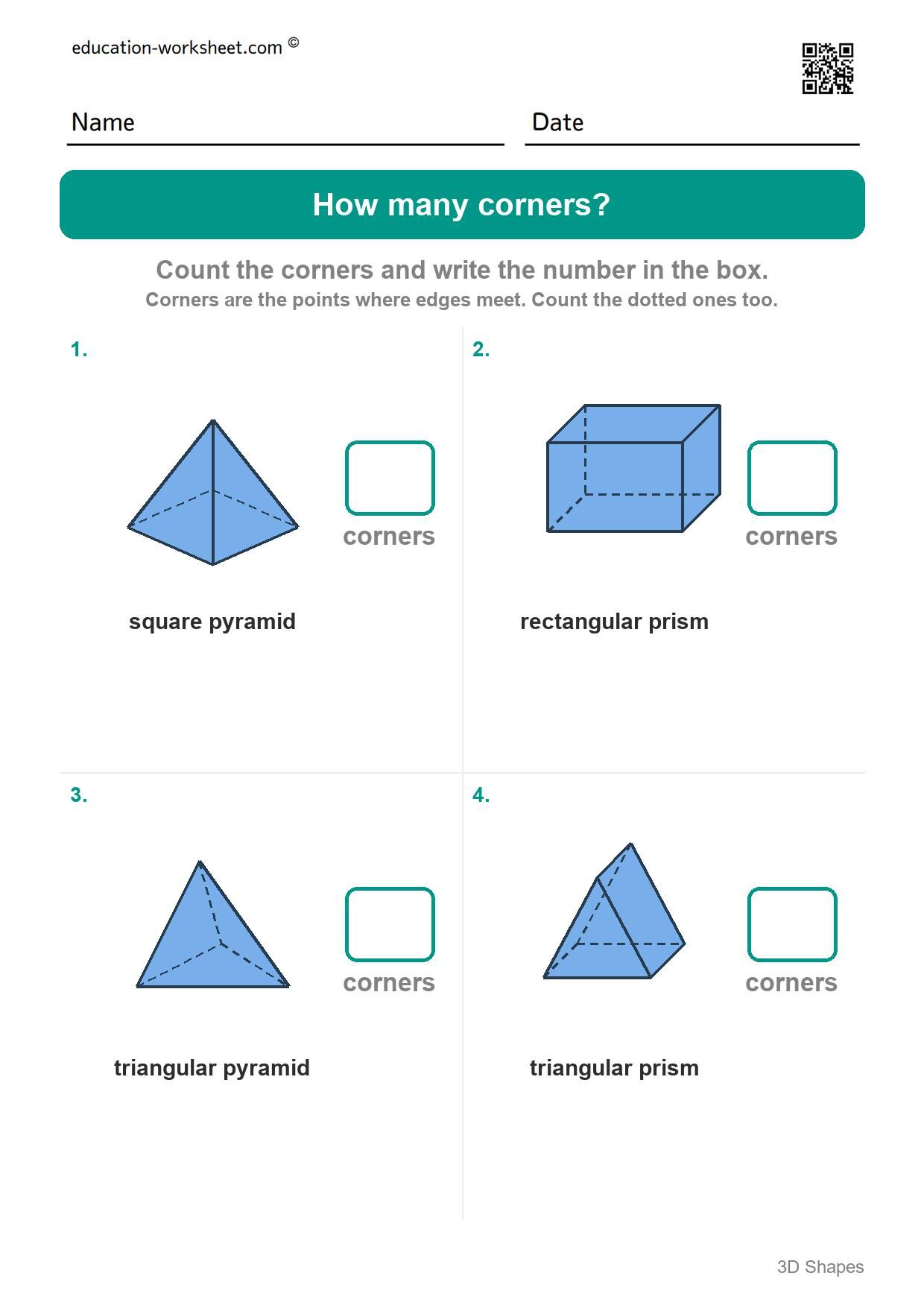 How many corners (Set 7) - Free 3D Shapes Worksheets for Kindergarten - Faces and Edges