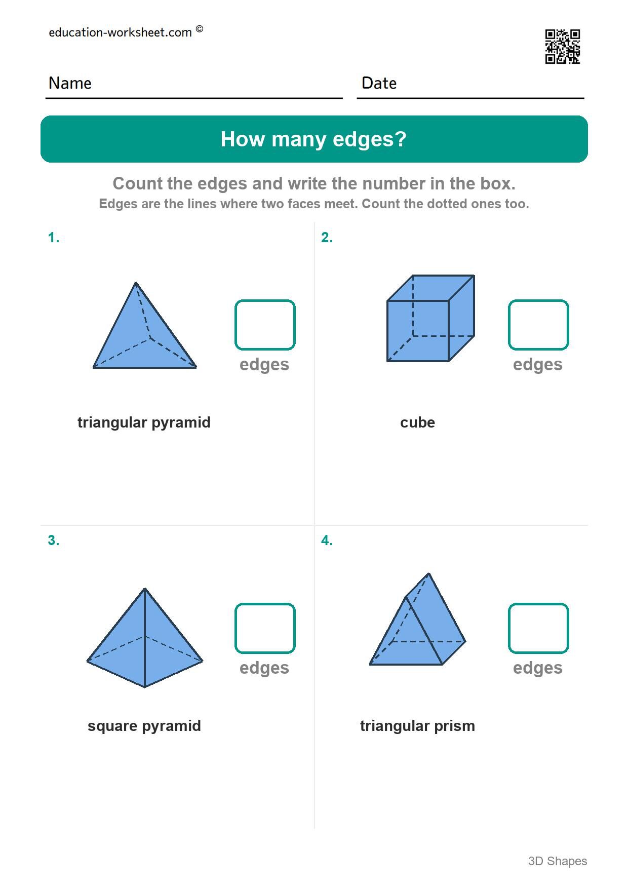 How many edges (Set 8) - Free 3D Shapes Worksheets for Kindergarten - Faces and Edges