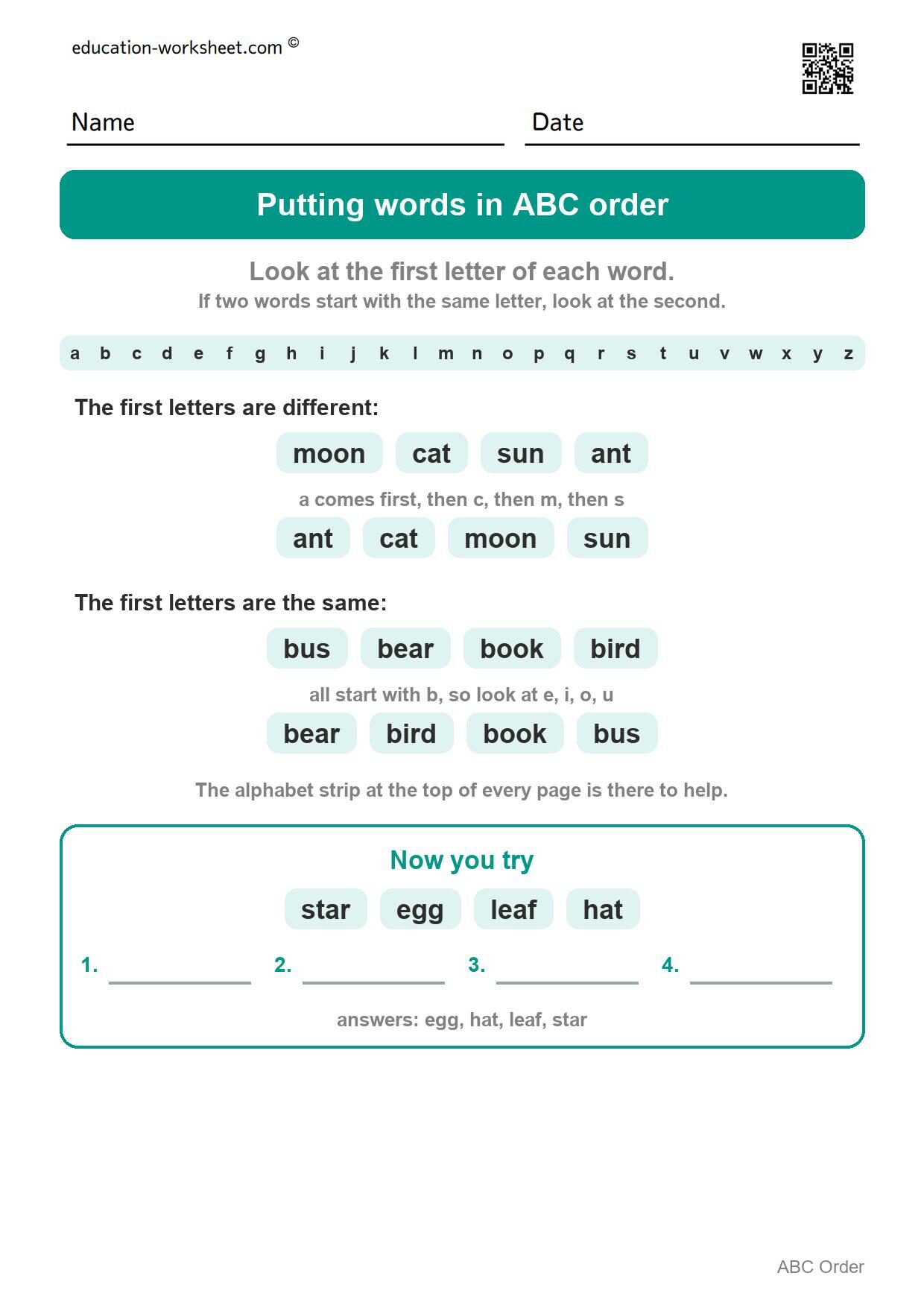 How to put words in ABC order - Free Put Words in ABC Order Worksheets for Kindergarten